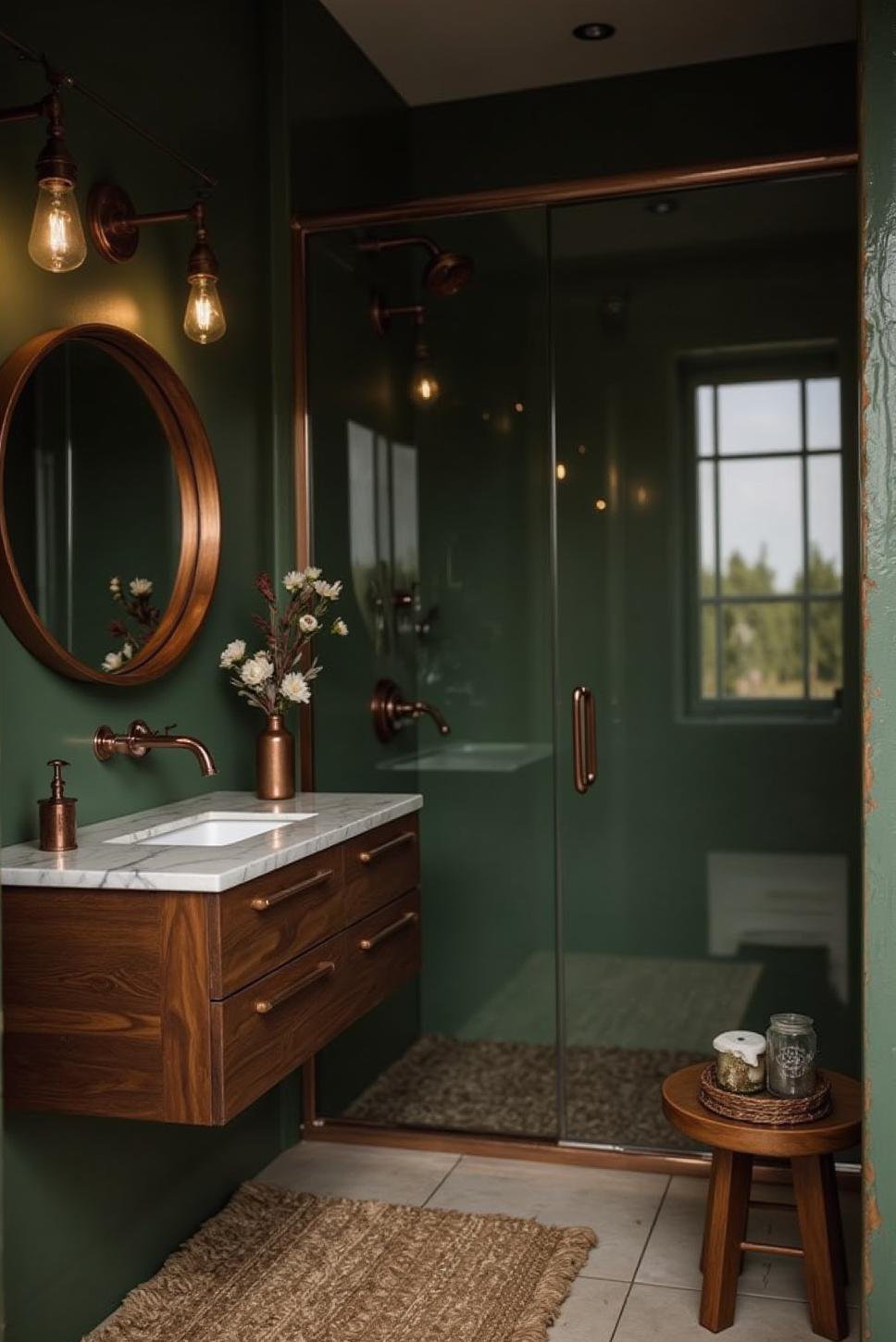 Dark Green & Copper Bathroom: Modern Elegance