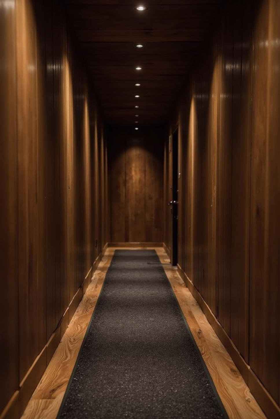 Dramatic Dark Hallway: Recessed Lighting & Runner Rug