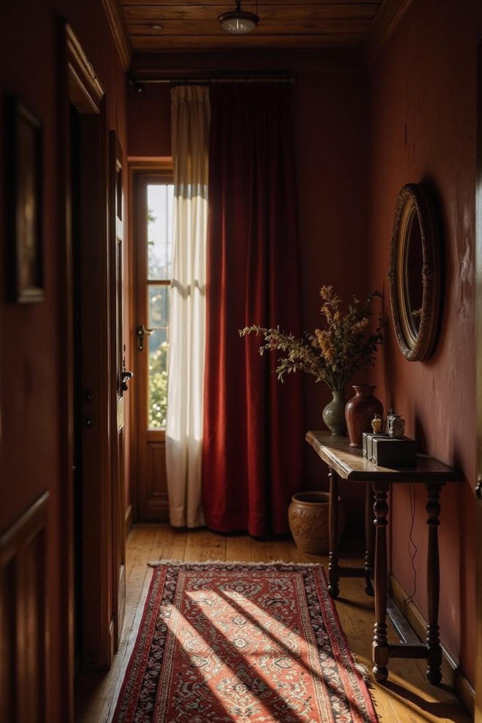 Moody Entryway: Texture, Dark Wood & Velvet