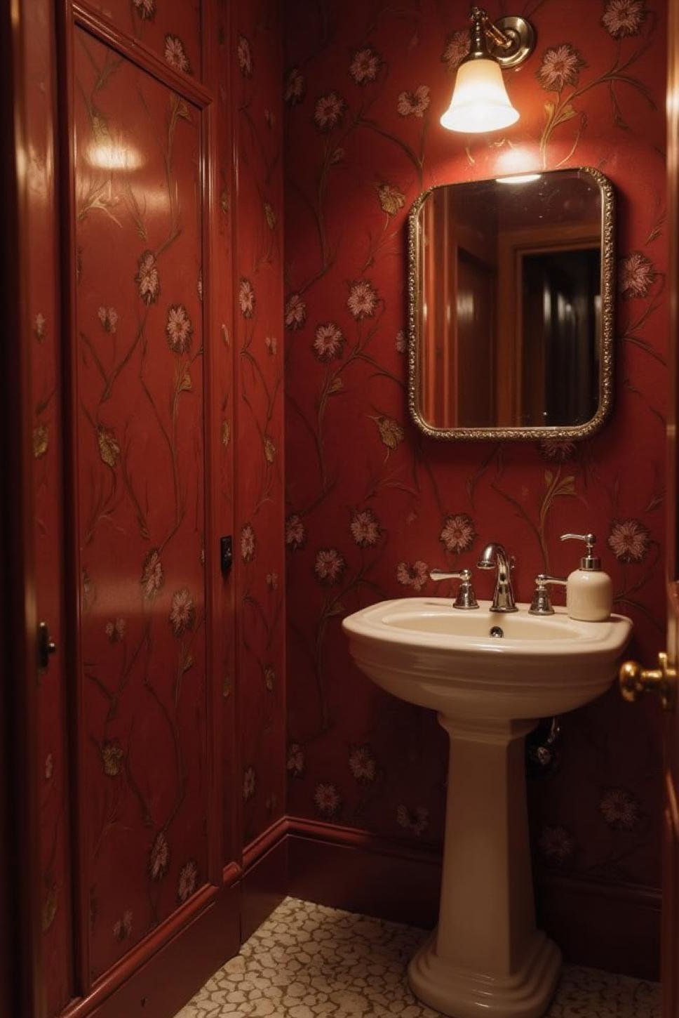 Burgundy Art Deco Powder Room: Floral Wallpaper & Mirror