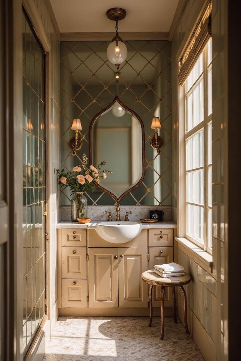 Mirrored Chevron Backsplash: Art Deco Powder Room