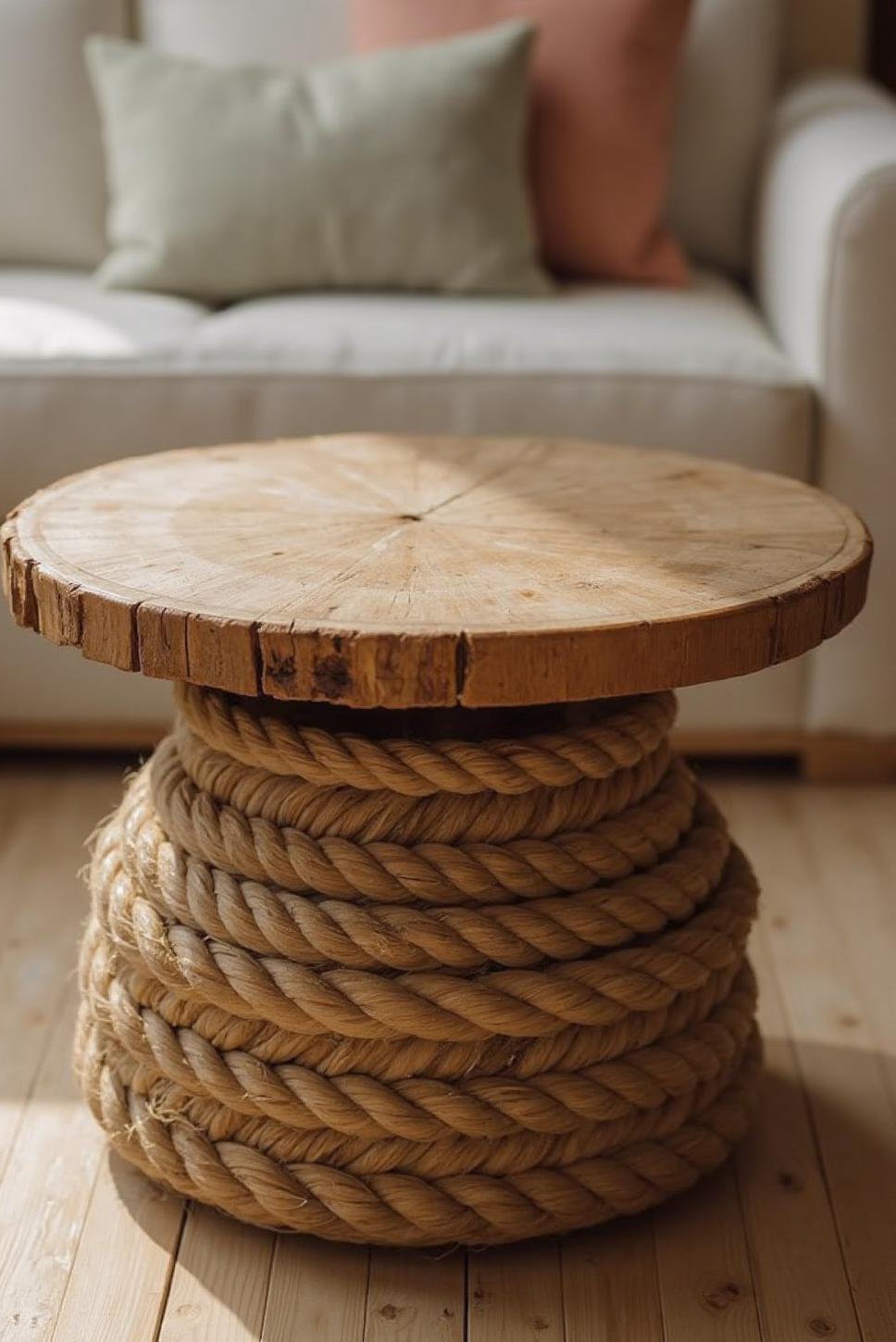 Rustic Round Coffee Table: DIY Rope Base