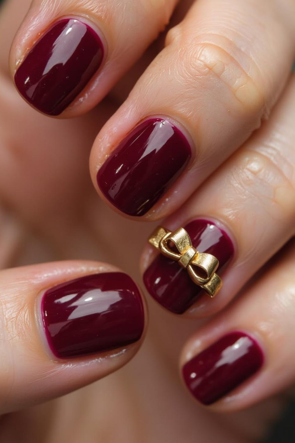 Preppy Burgundy Teacher Nails with Gold Bows