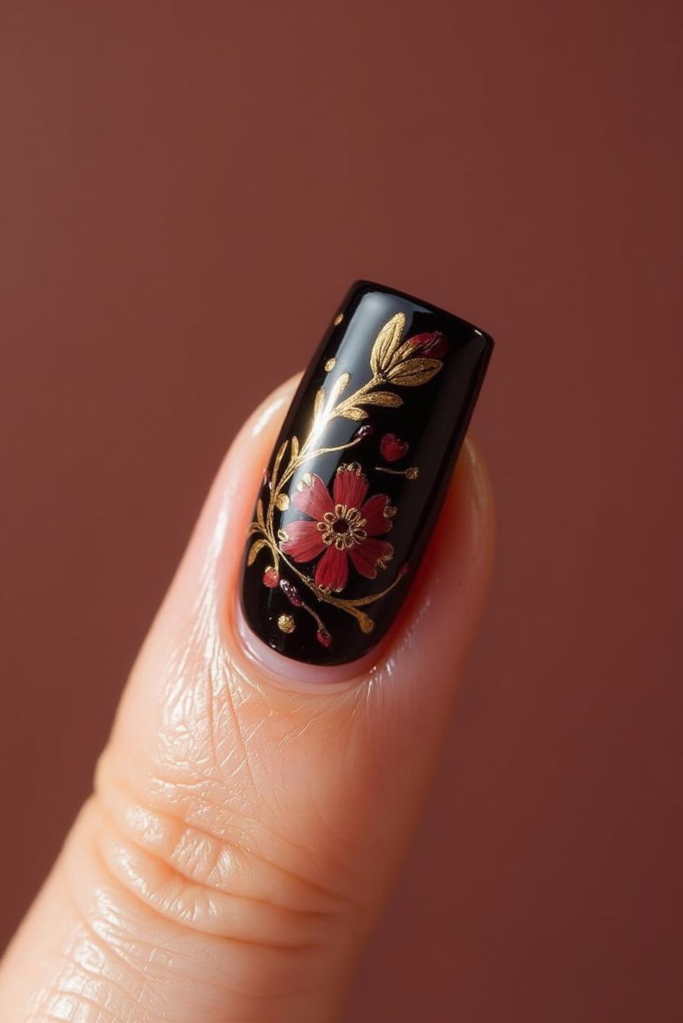 Burgundy and Gold Floral: Classy Short Square Nails