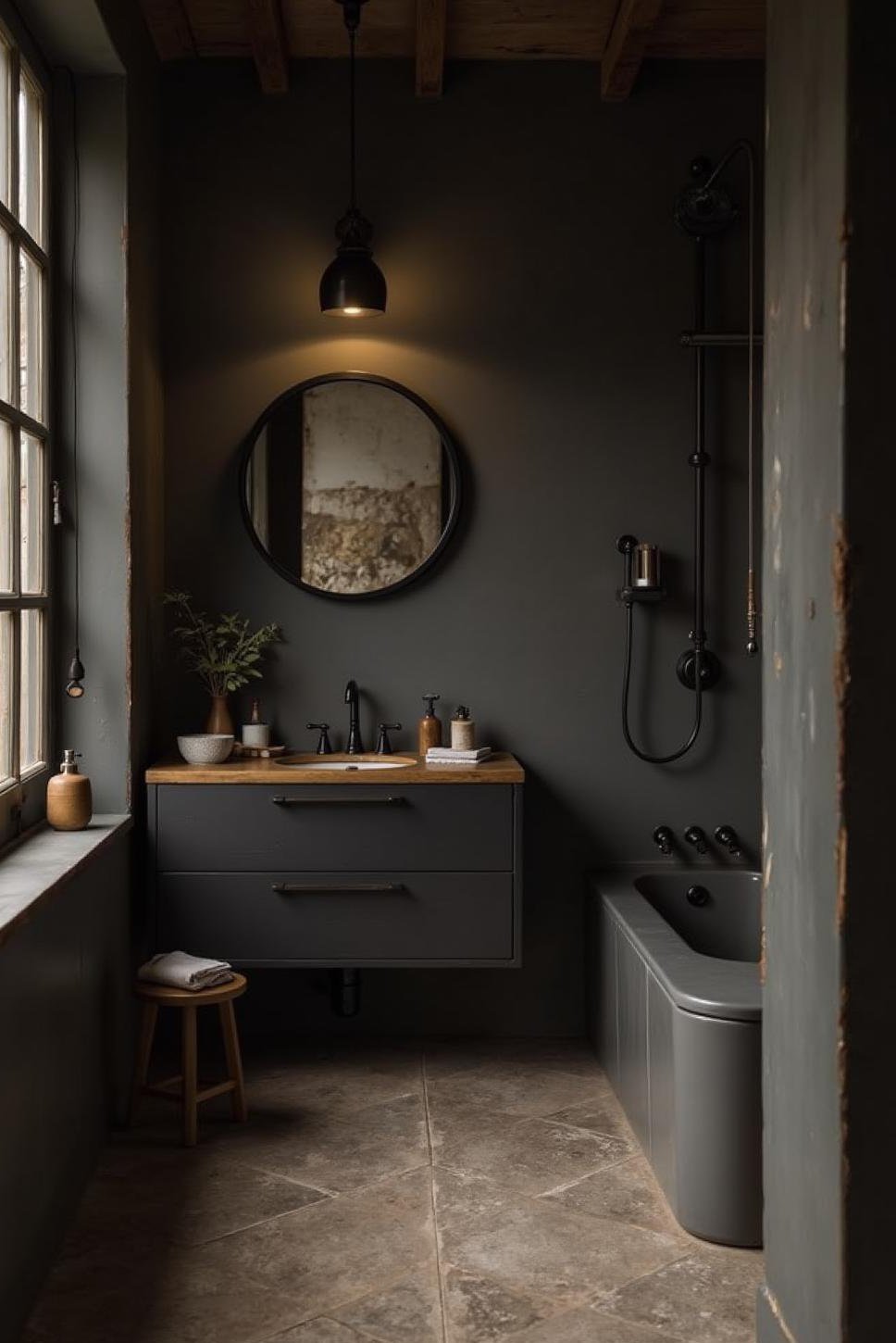 Moody Grey Bathroom: Dark Walls & Black Accents