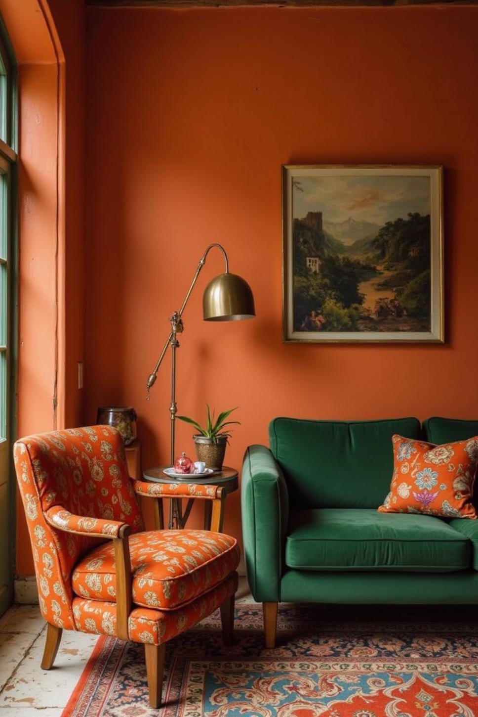 Vibrant Burnt Orange and Green Living Room Design