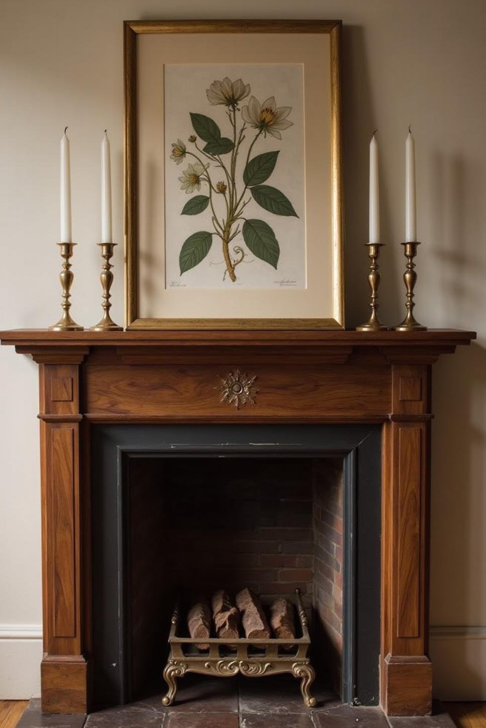 Elegant Fireplace Mantel Decor with Botanical Prints