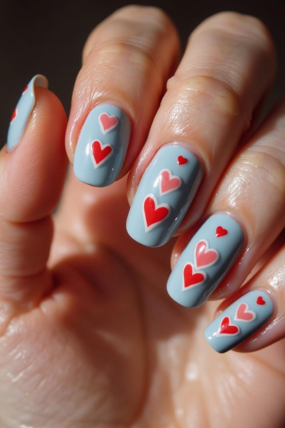 Romantic Light Blue Valentine Nails with Red Hearts