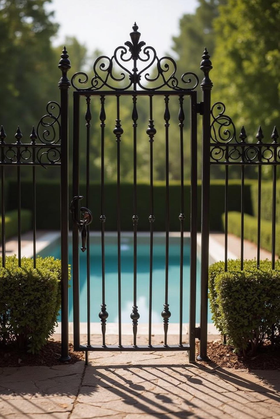 Elegant Wrought Iron Pool Fence & Landscaping