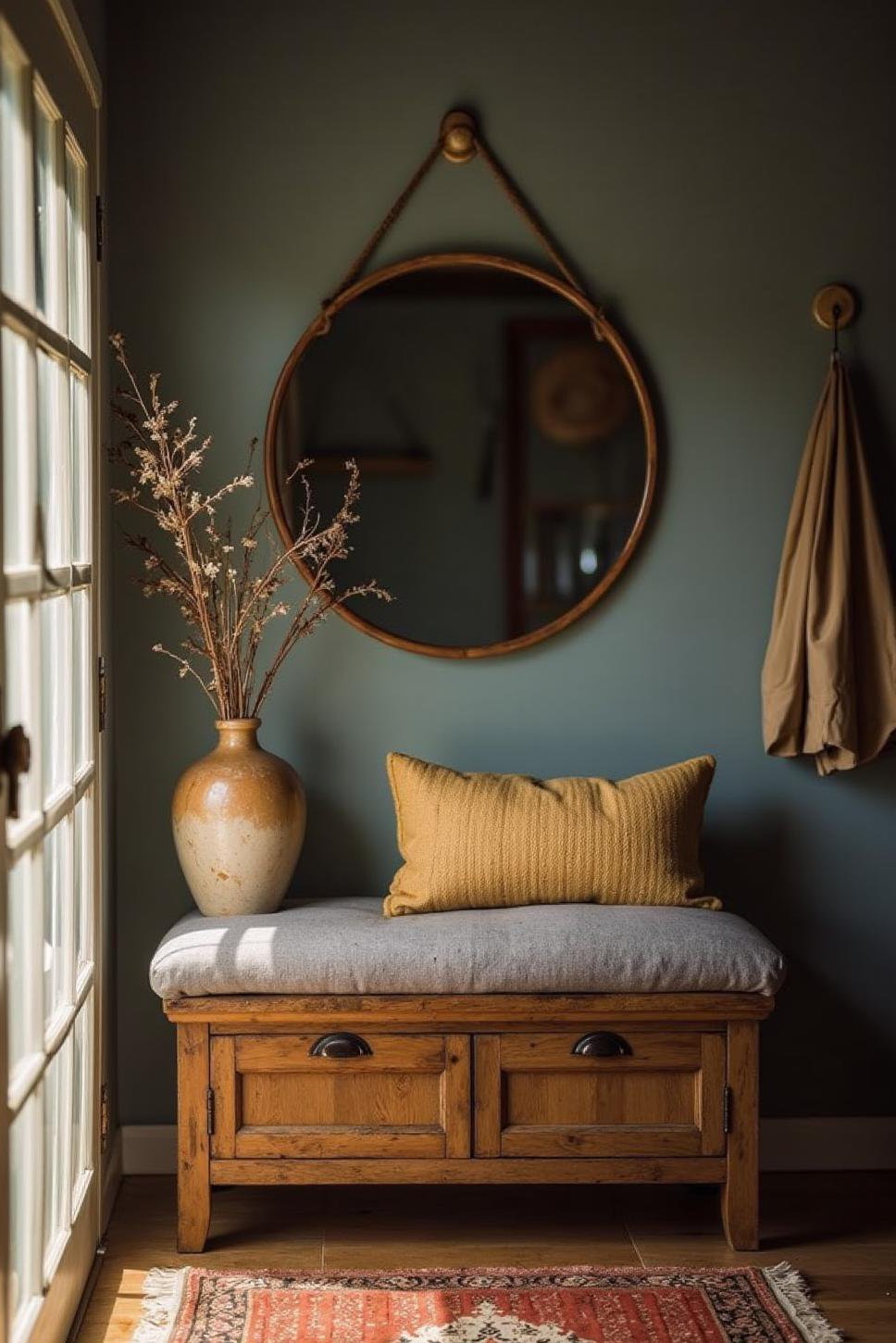 Small Dark Entryway: Bench, Mirror & Storage