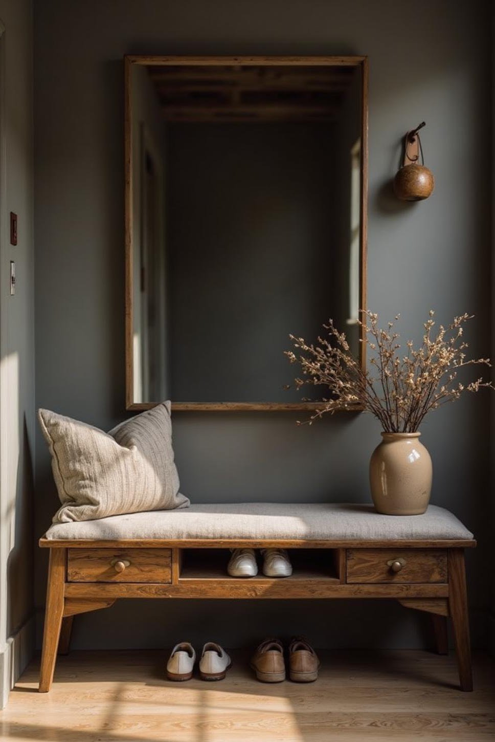 Dark Grey Entryway: Bench, Mirror & Shoe Storage