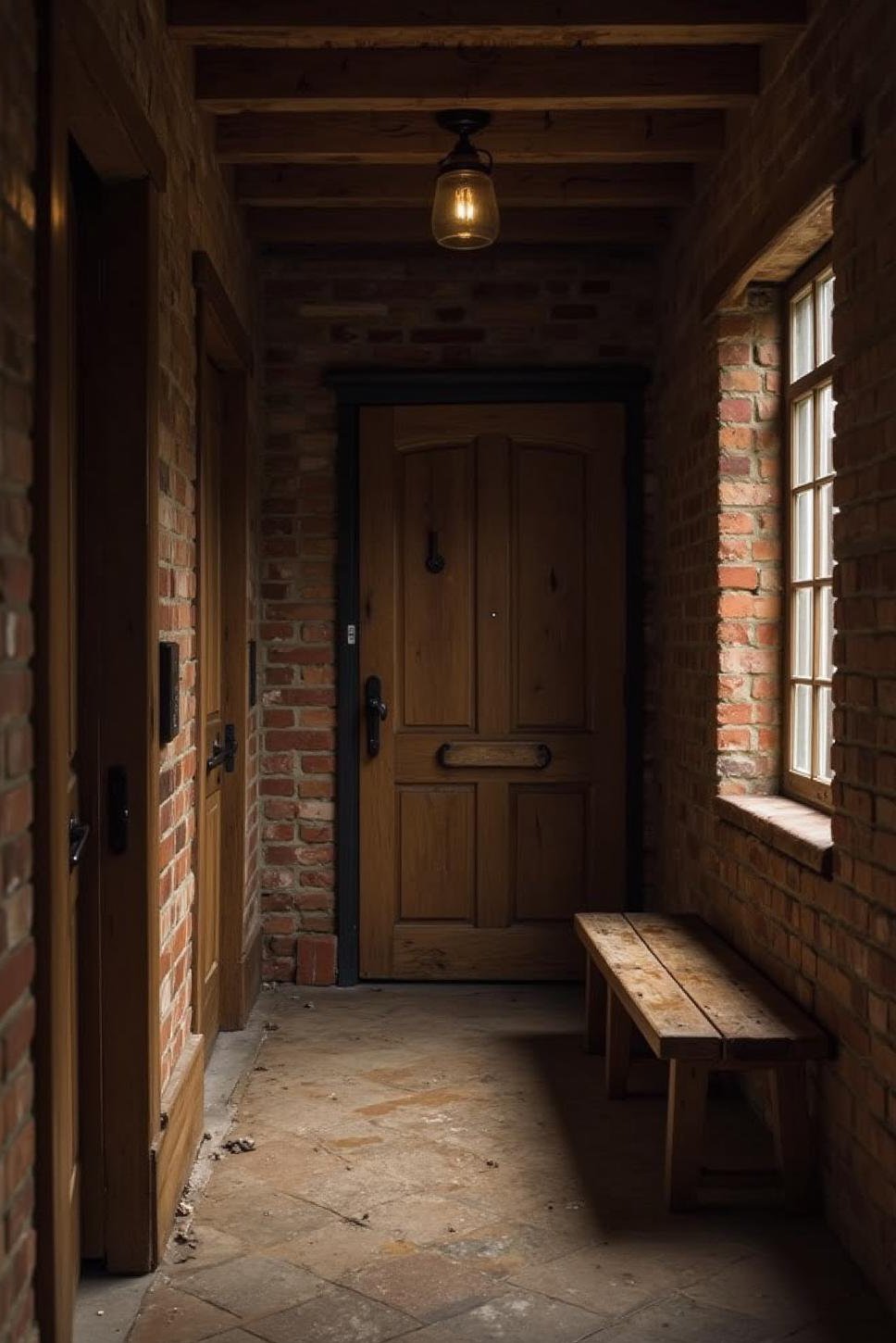 Industrial Dark Entryway: Metal Accents & Wooden Bench