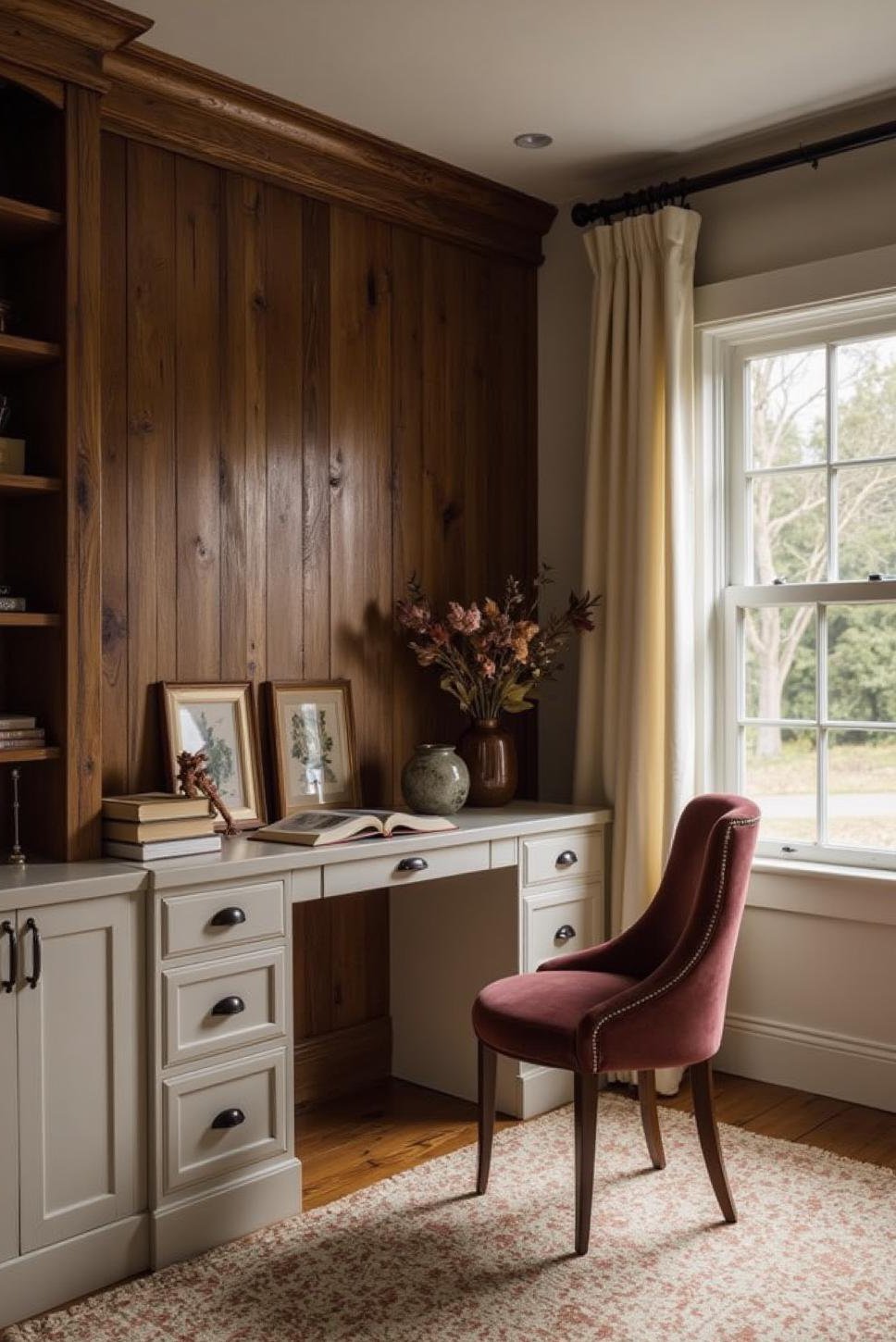 Dramatic Dark Wood Farmhouse Office with Built-ins