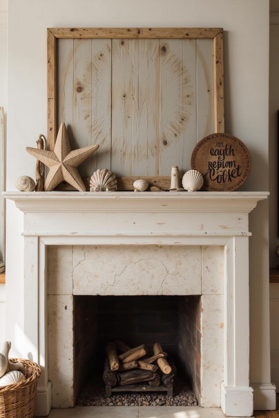 Beach-Themed Fireplace Mantel: Seashells & Driftwood