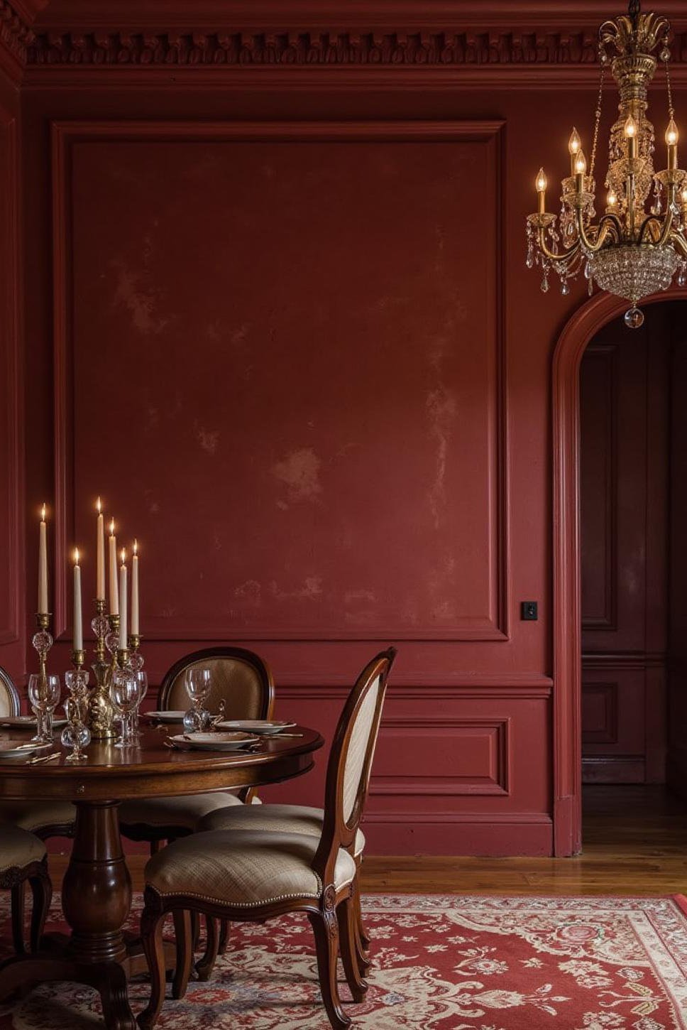 Burgundy Venetian Plaster Walls: Elegant Dining Room