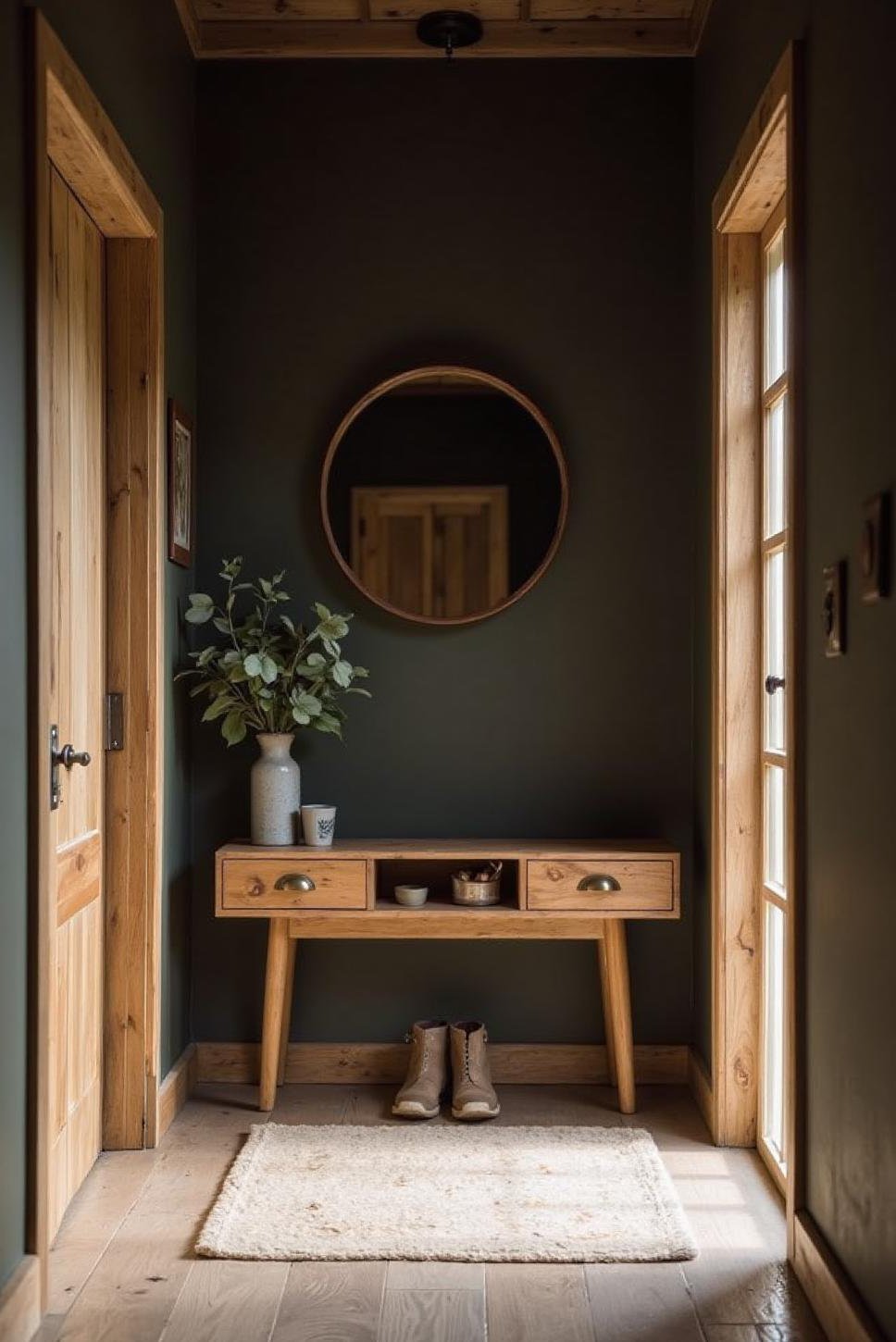 Small Entryway: Dark Walls & Light Flooring