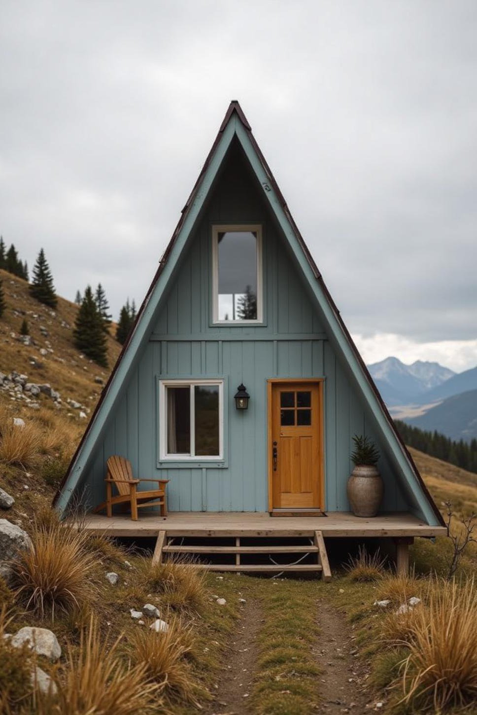 Gray-Blue A-Frame Cabin on a Hillside