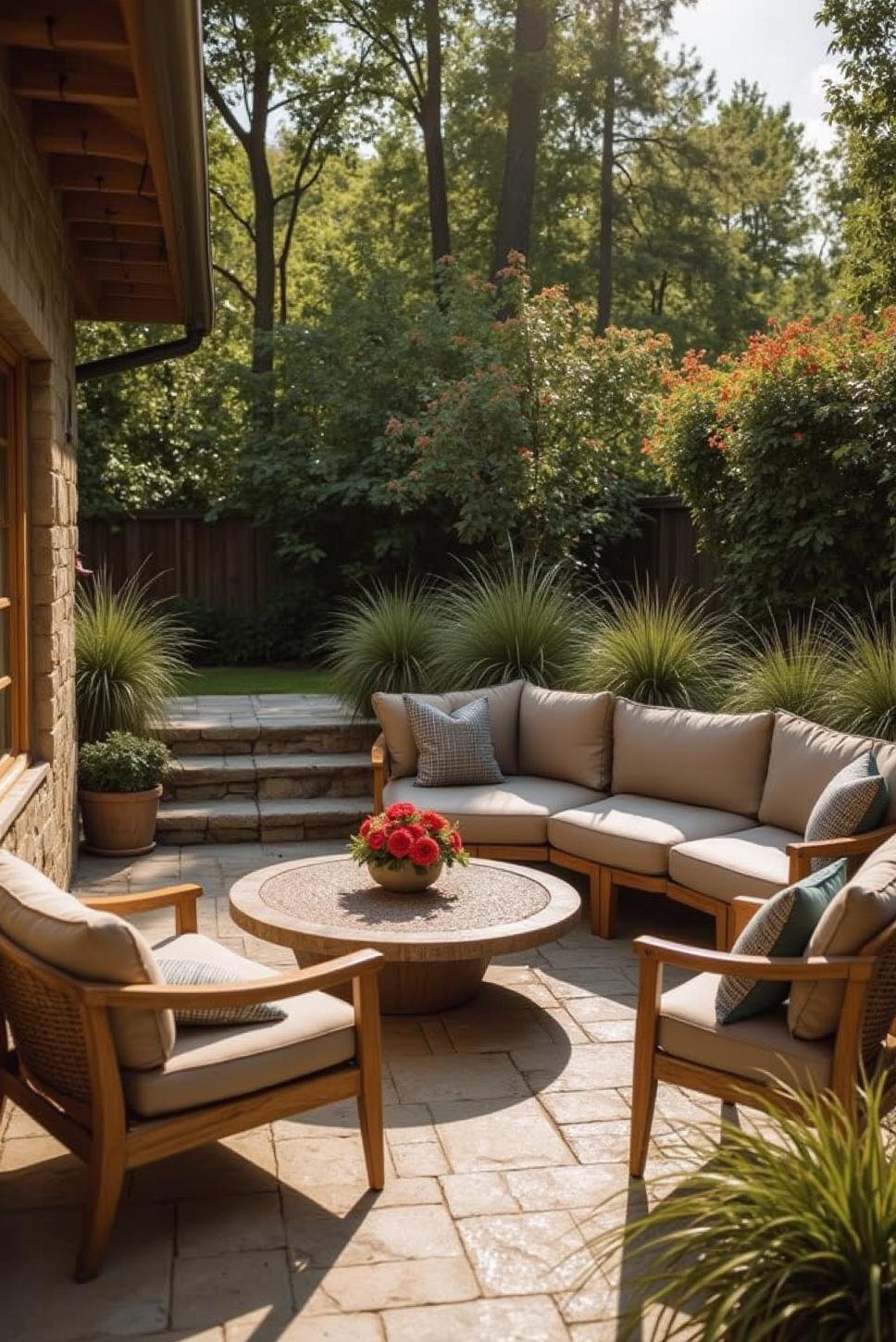 Curved Stone Patio: Wicker Seating & Garden Blooms