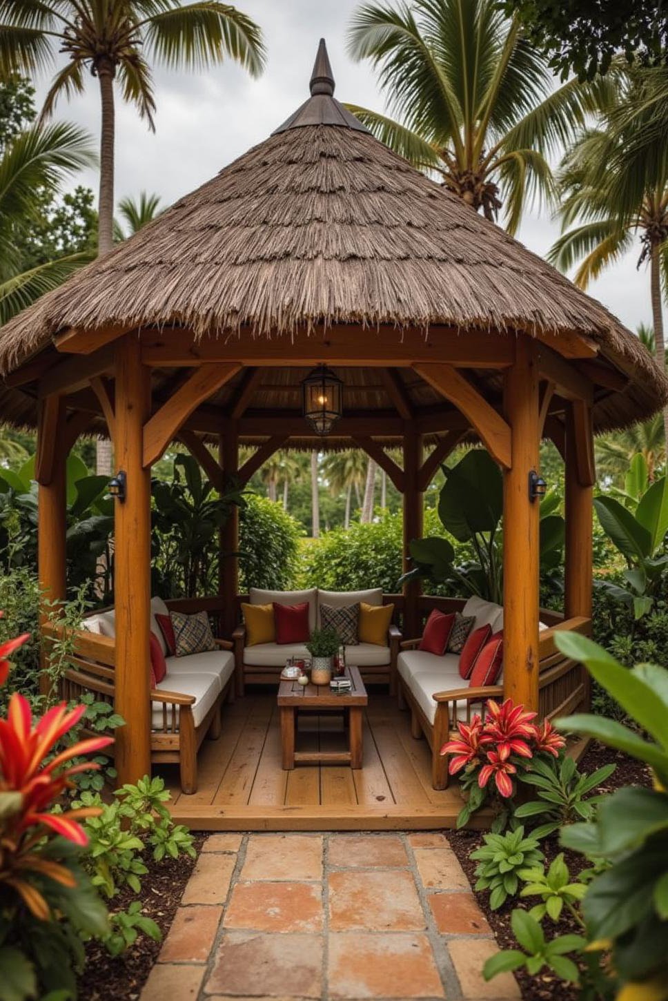 Tropical Backyard Gazebo: Thatched Roof & Vibrant Flowers