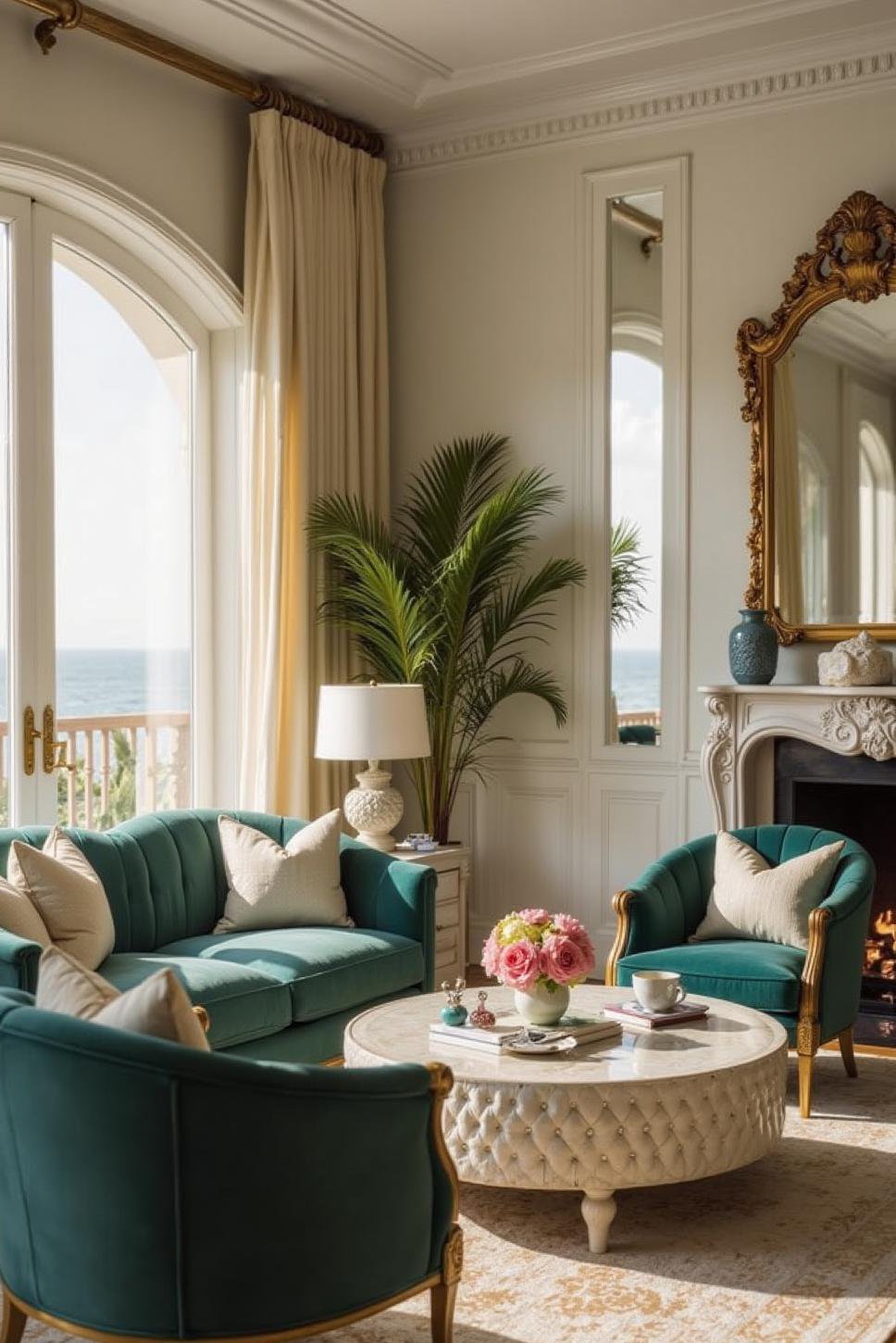 Glamorous Teal & Cream Beach House Living Room