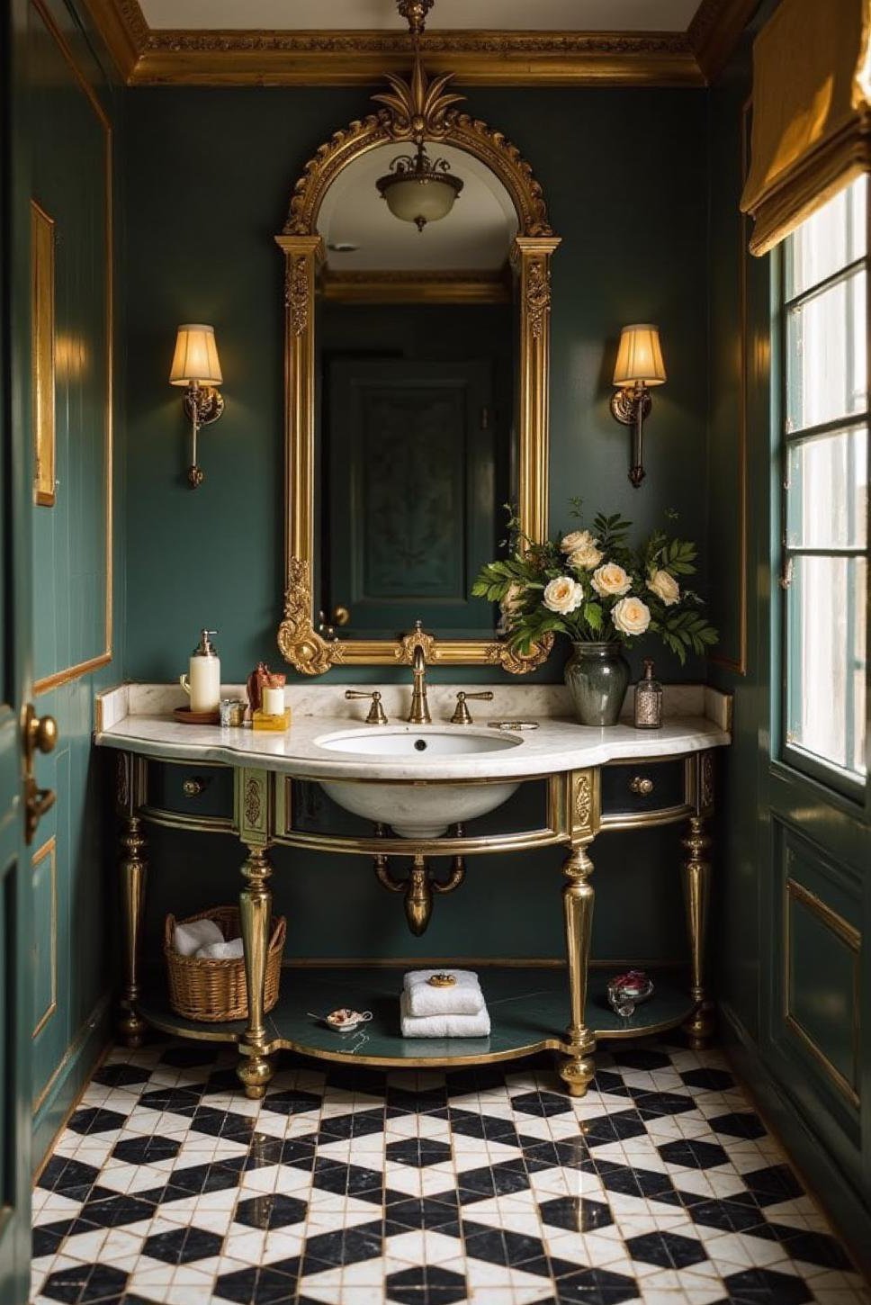 Glamorous Art Deco Bathroom: Teal, Gold, and Chevron