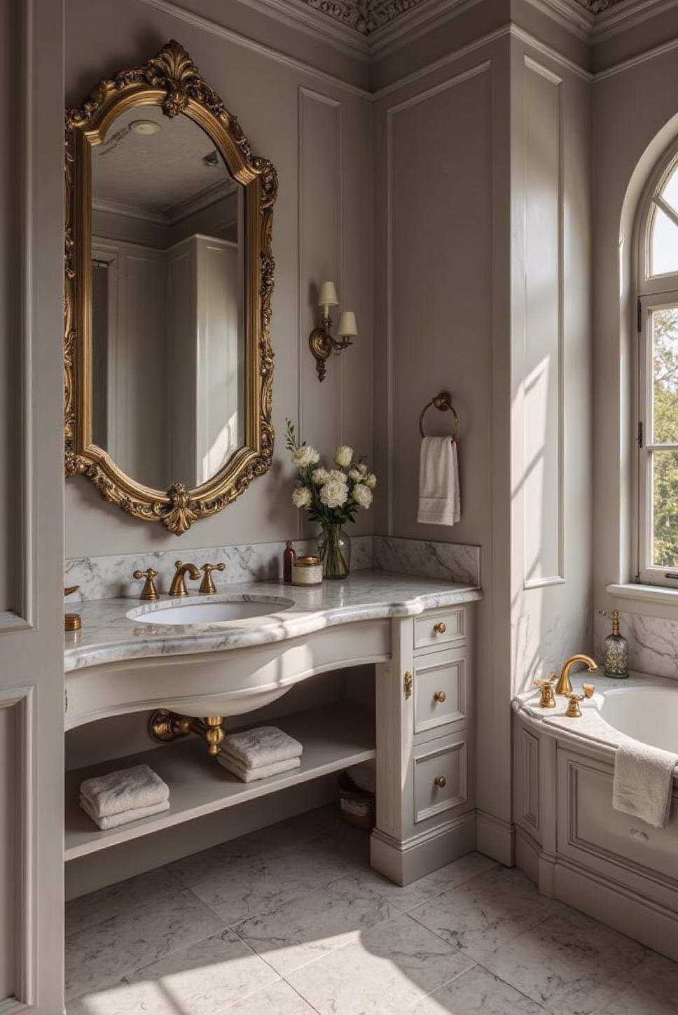 Glamorous Grey Bathroom: Marble & Crystal Accents