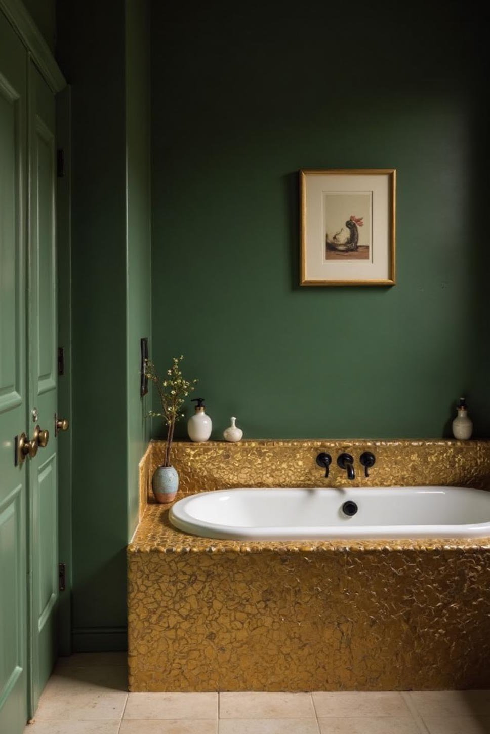 Spa-Like Green Bathroom: Gold Accents & Deep Green Walls