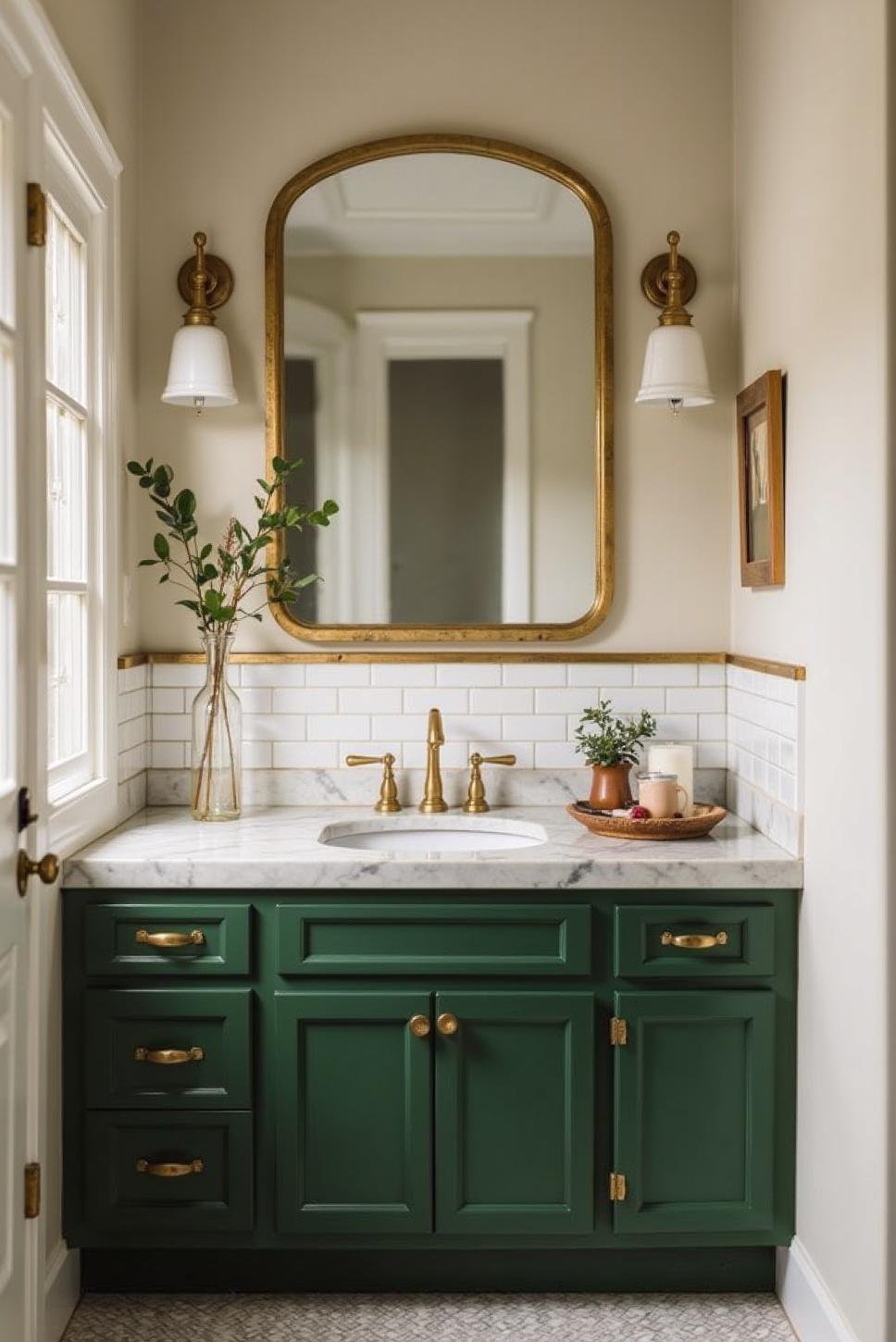 Farmhouse Green and Gold Bathroom Design