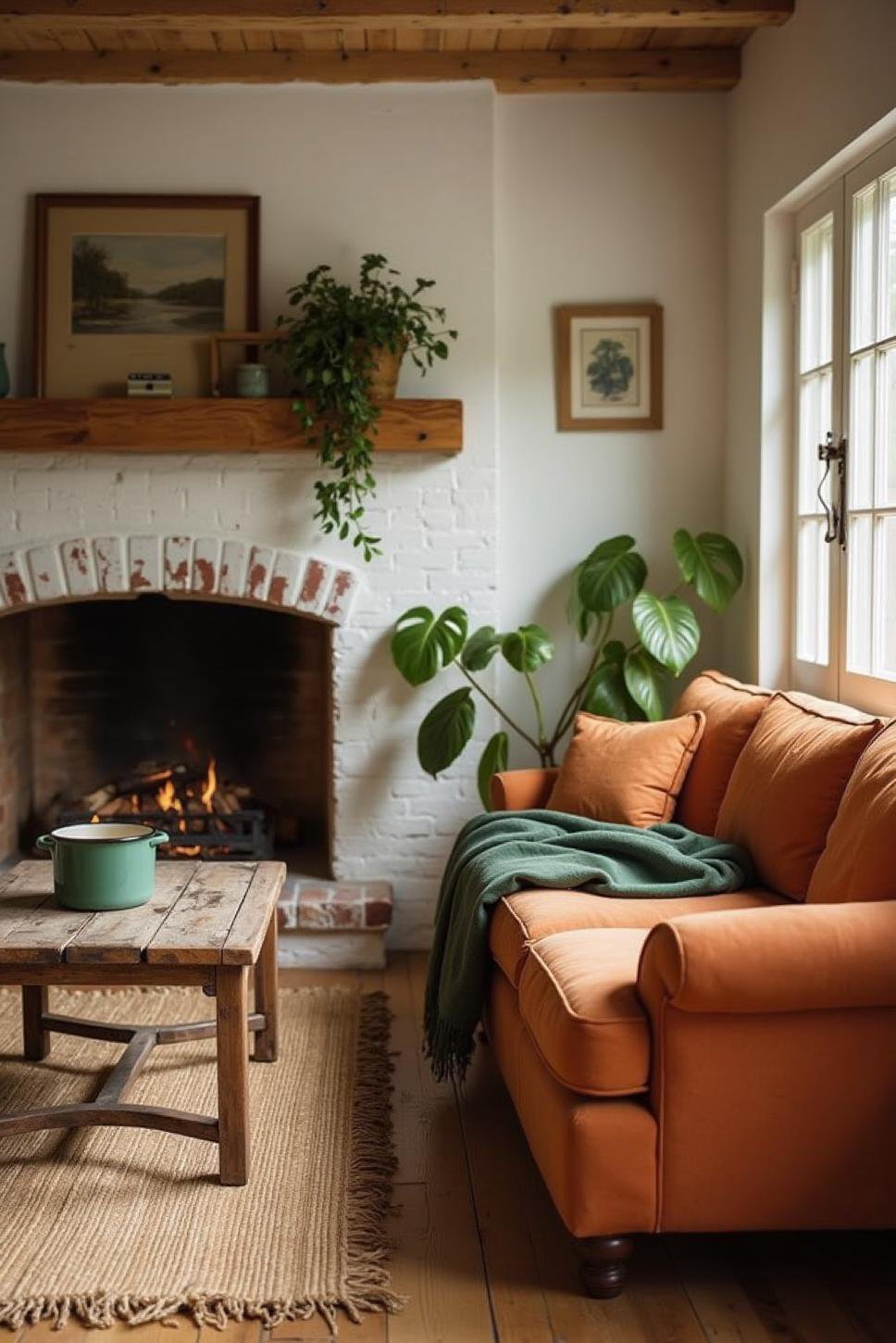 Farmhouse Green and Orange Living Room