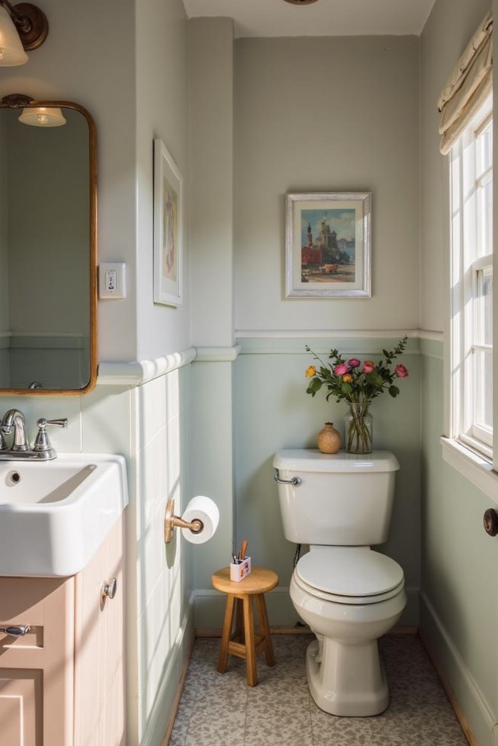 Retro Grey Bathroom: 1950s Style & Pastel Accents