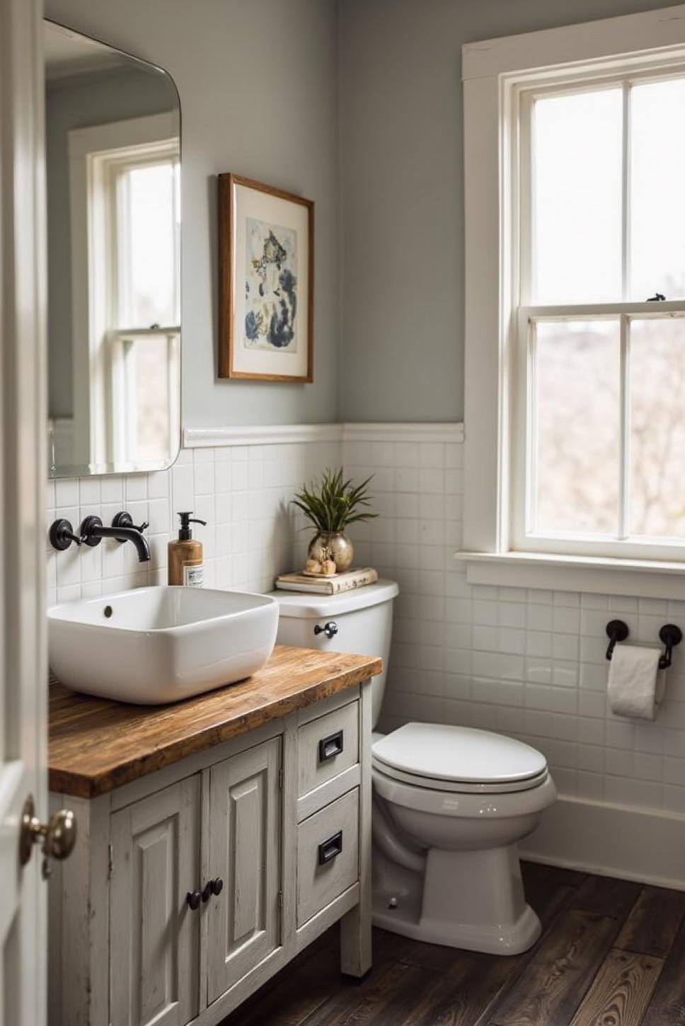 Grey Bathroom Farmhouse Style: Wood & Tile Design