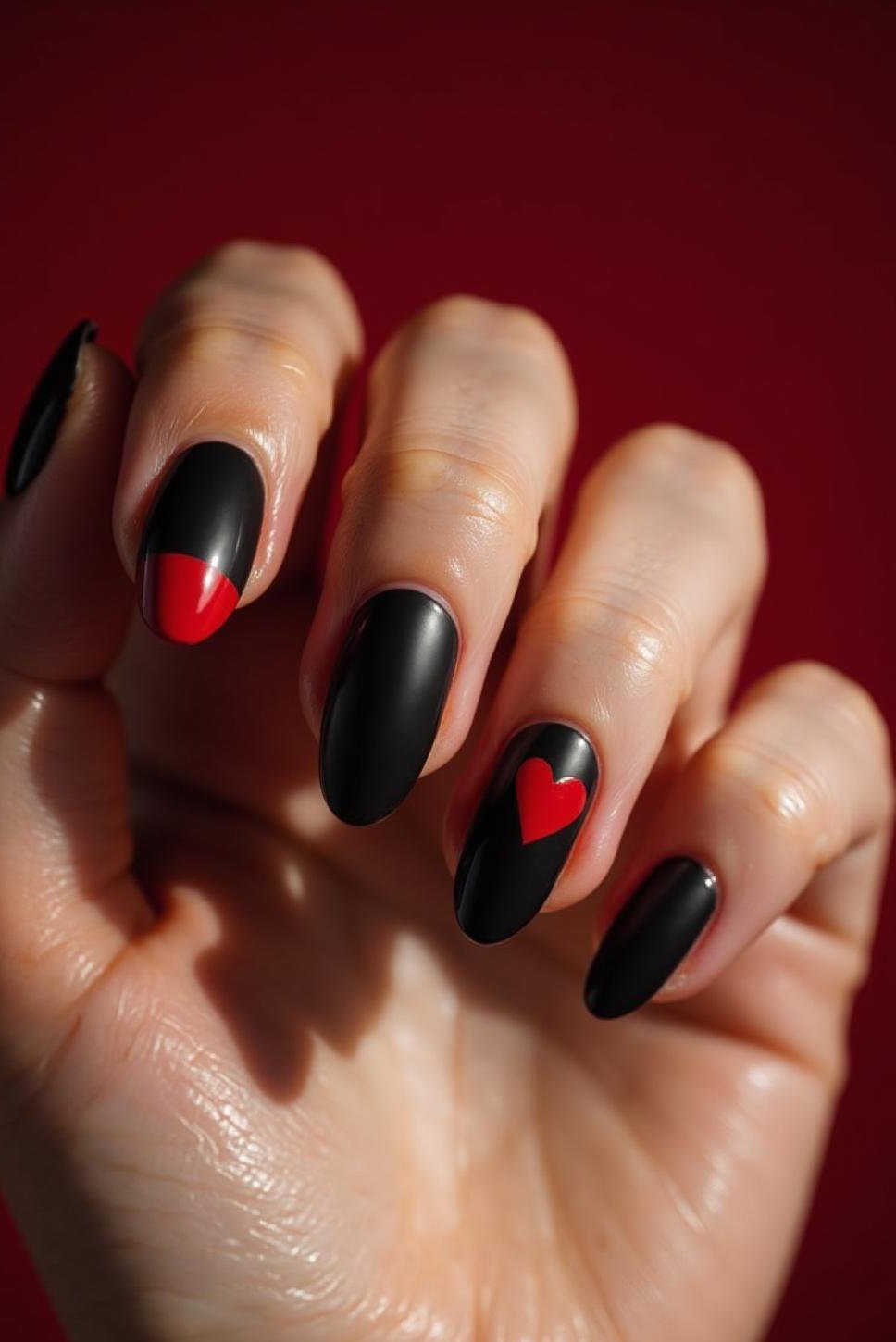 Modern Red Heart & Black Almond Nail Design