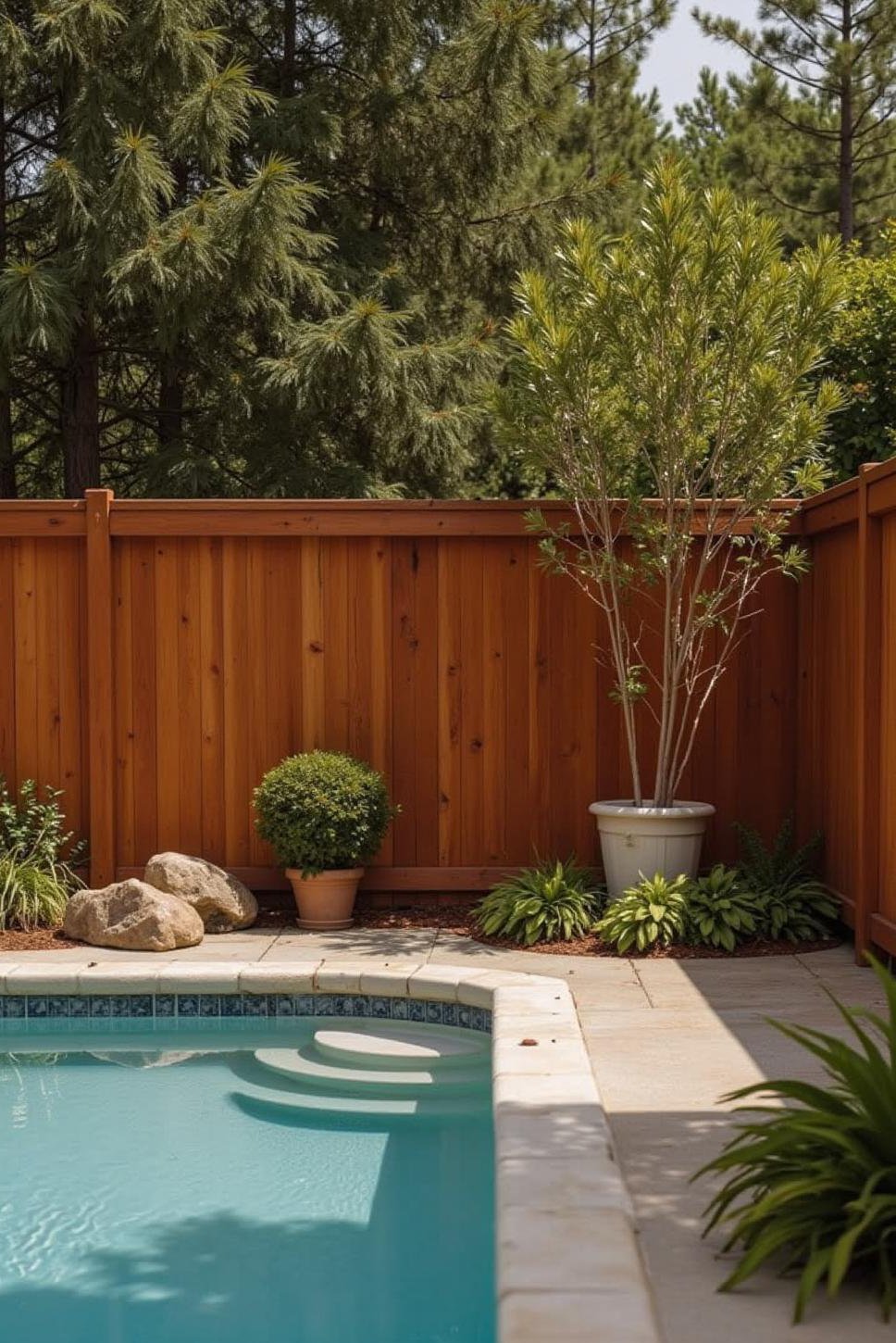 Tall Redwood Privacy Fence: Secluded Pool Oasis