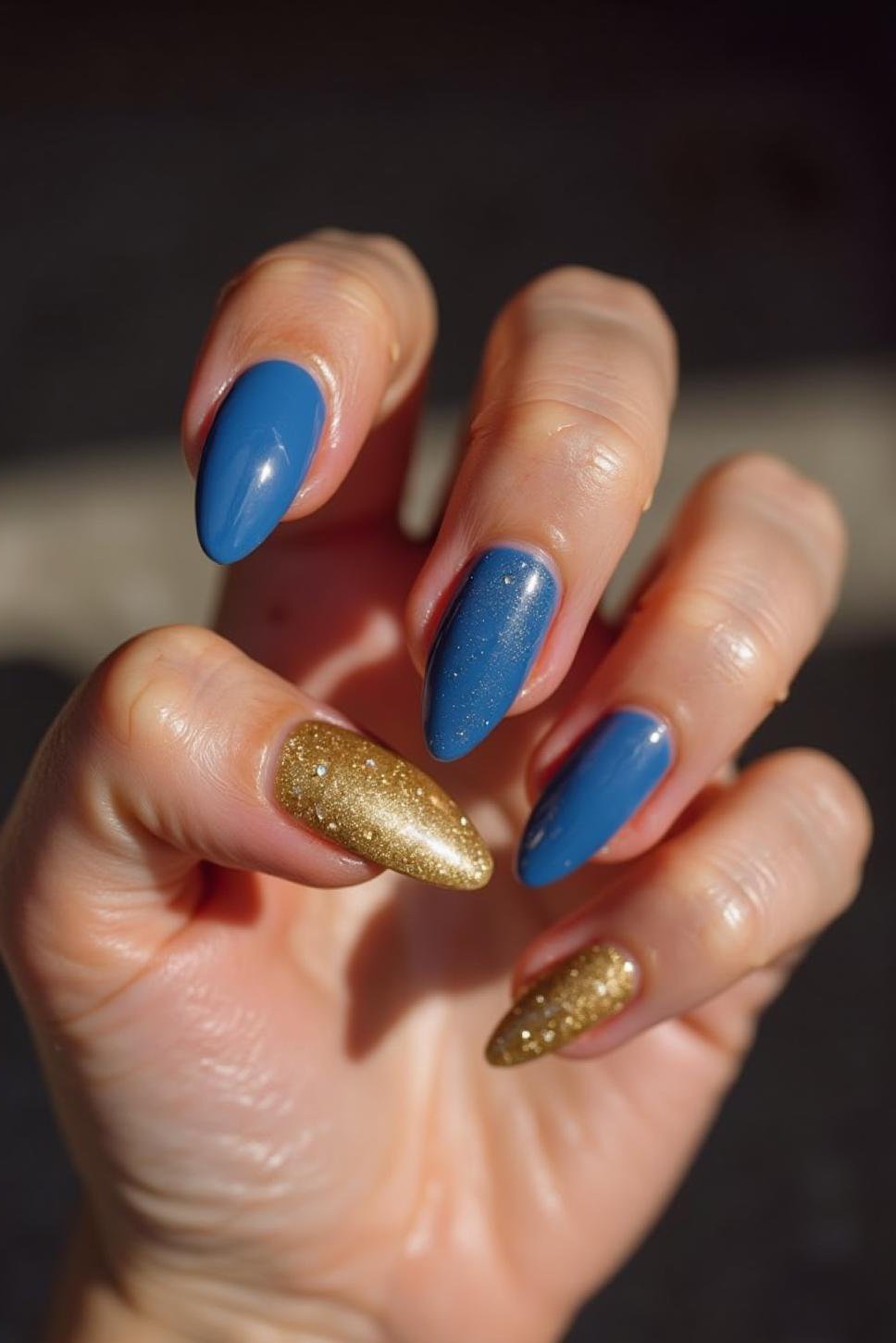 Trendy School Nails: Blue & Gold Almond Shape