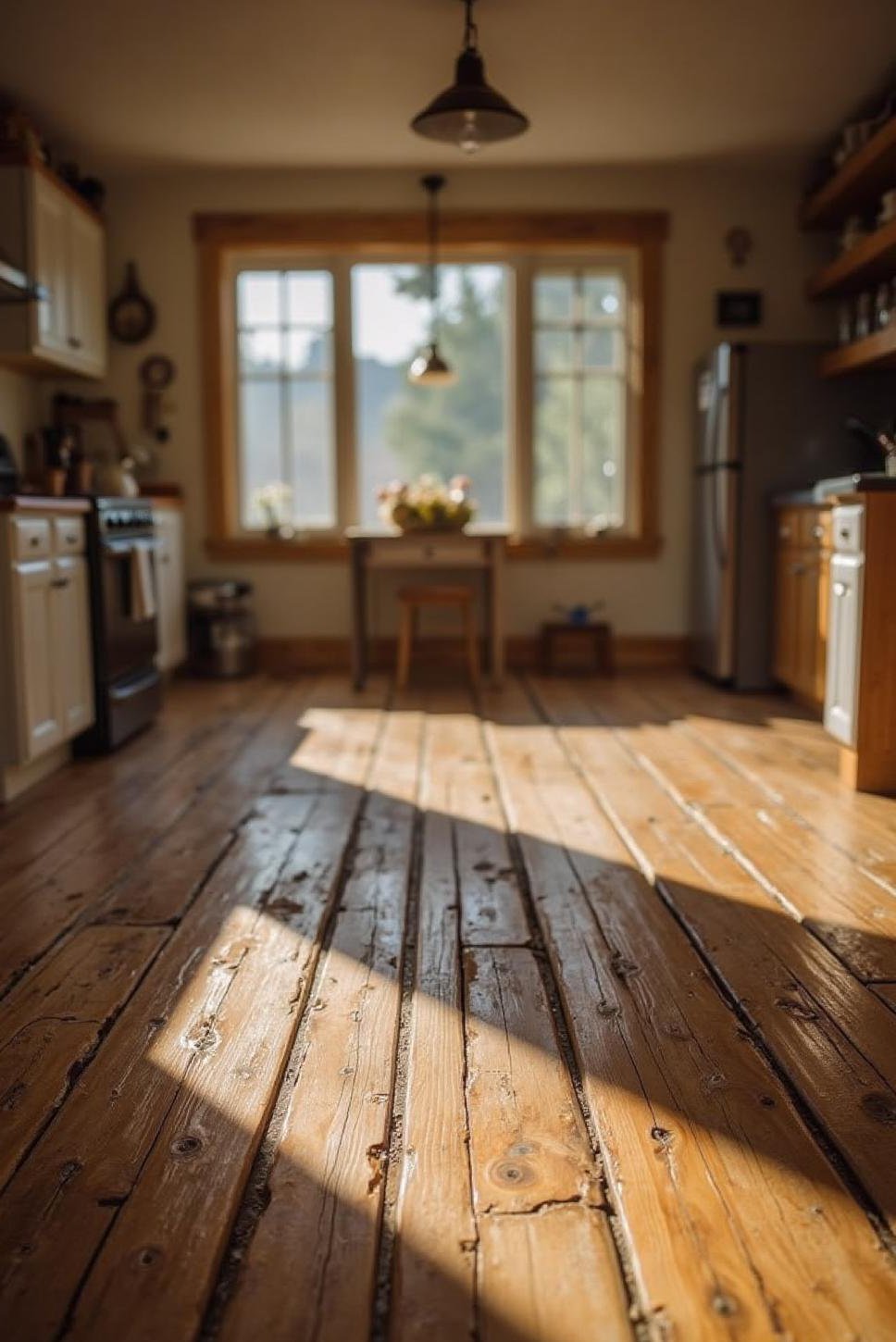 Rustic Farmhouse Kitchen: Worn Wooden Floors