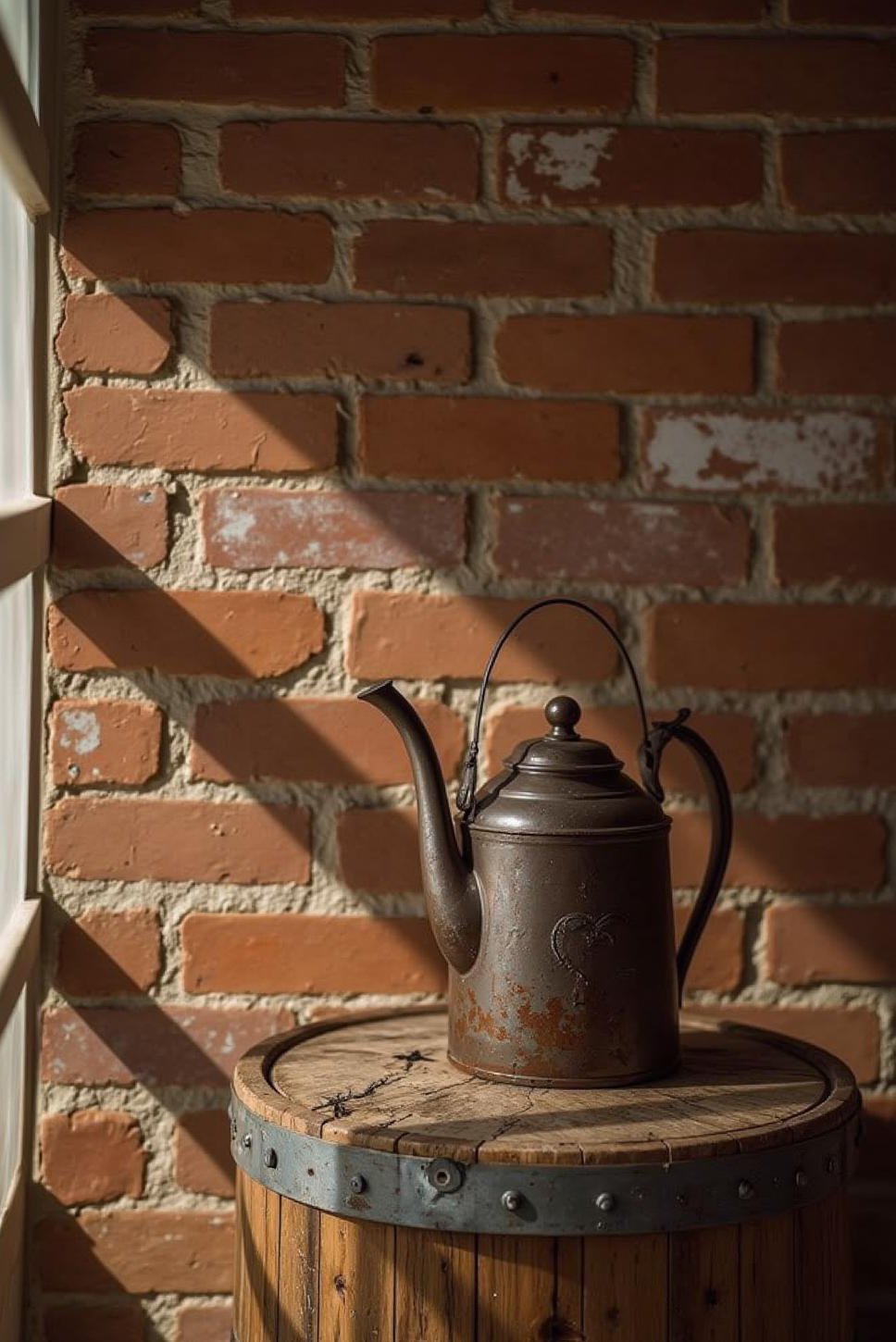 Rustic Brick Wall with Vintage Spittoon Decor