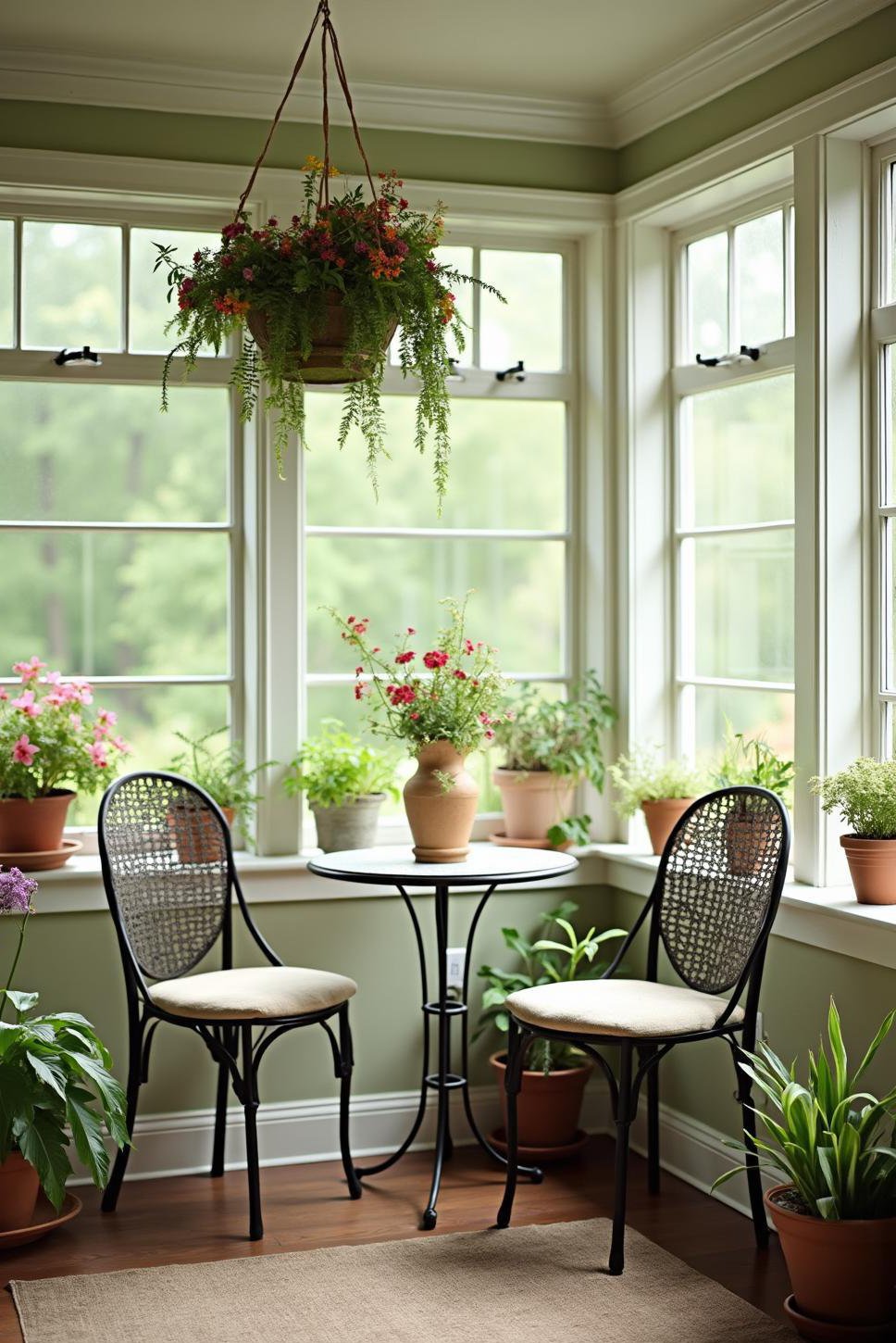 Charming Small Sunroom: Bistro Table & Hanging Plants
