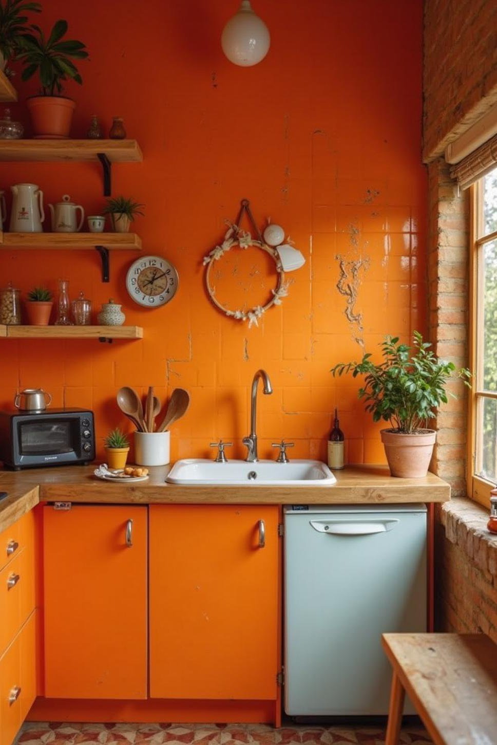 Vibrant Orange Faux Brick Accent Wall Kitchen