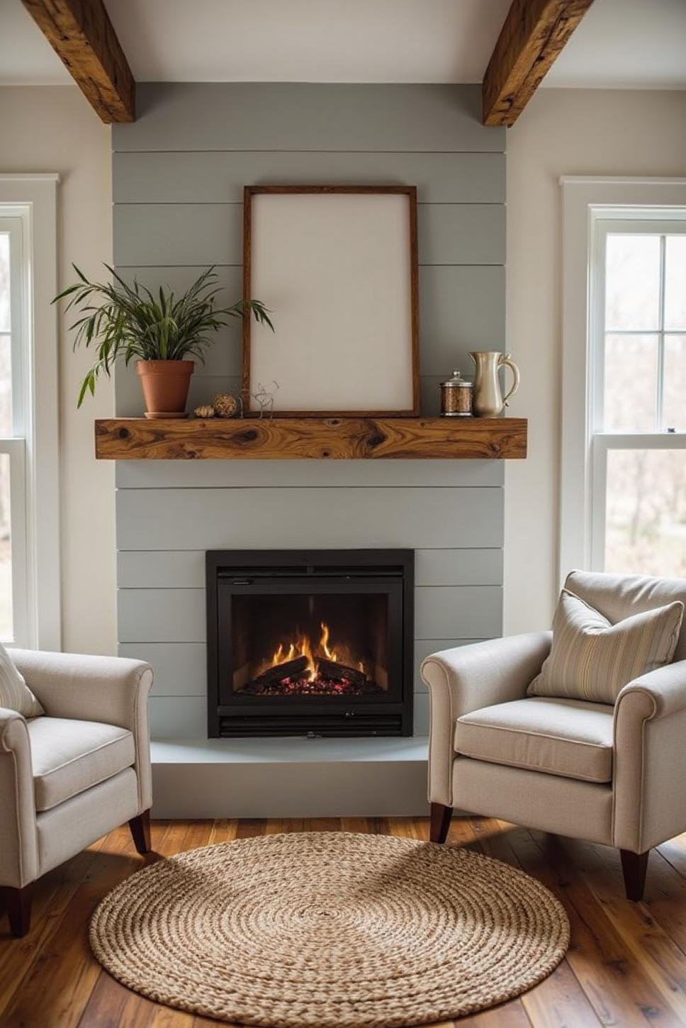 Grey Shiplap Fireplace with Reclaimed Wood Mantel