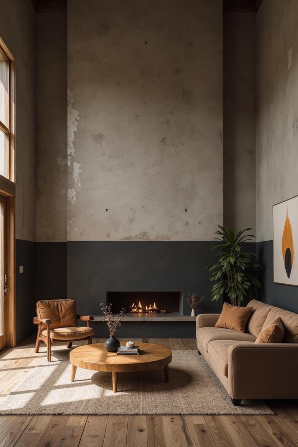 Two-Toned Stucco Walls: Dramatic Living Room