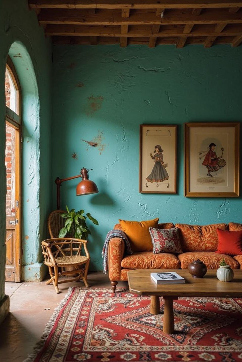 Vibrant Turquoise Stucco Walls: Bohemian Living Room