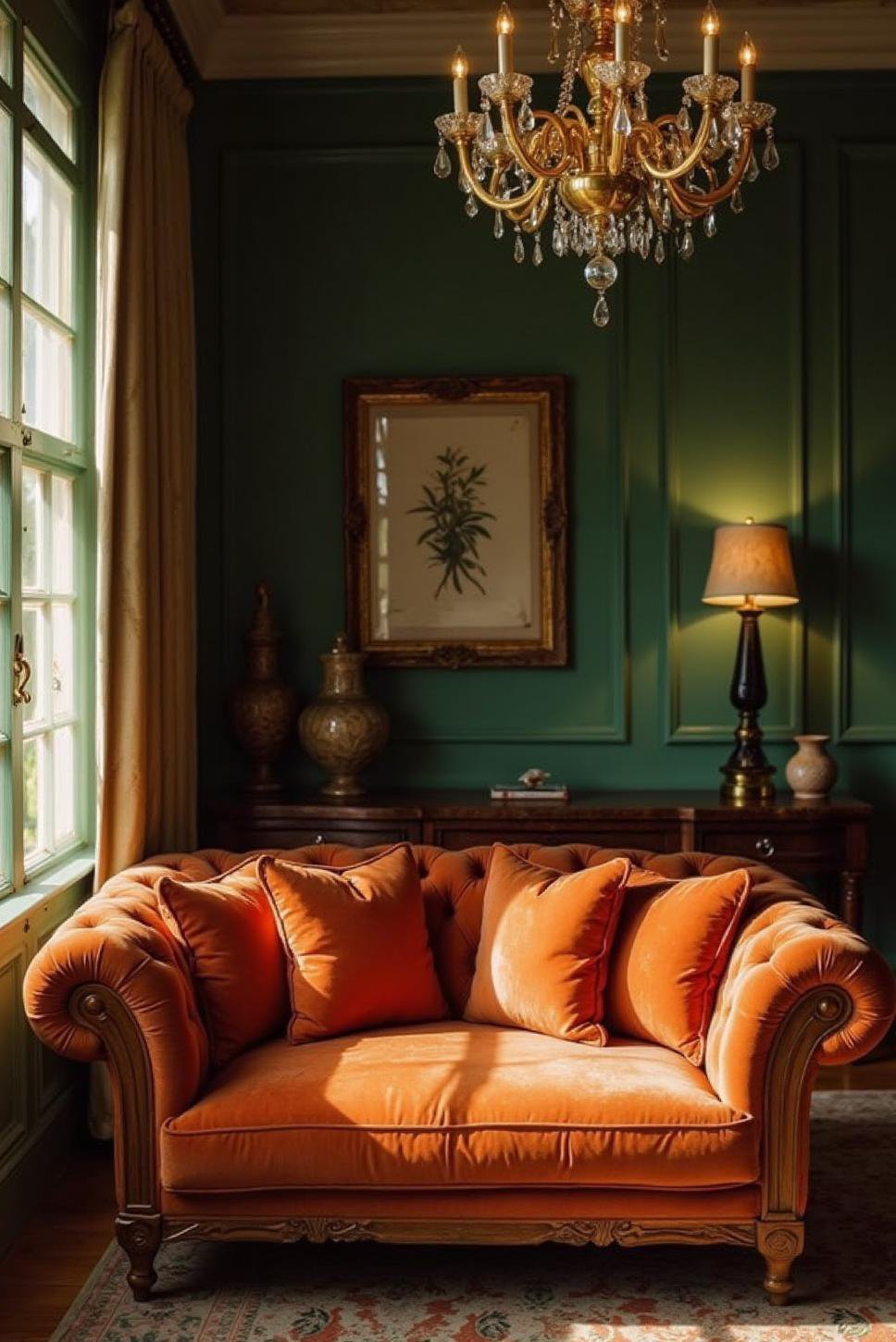 Luxurious Burnt Orange & Green Velvet Living Room