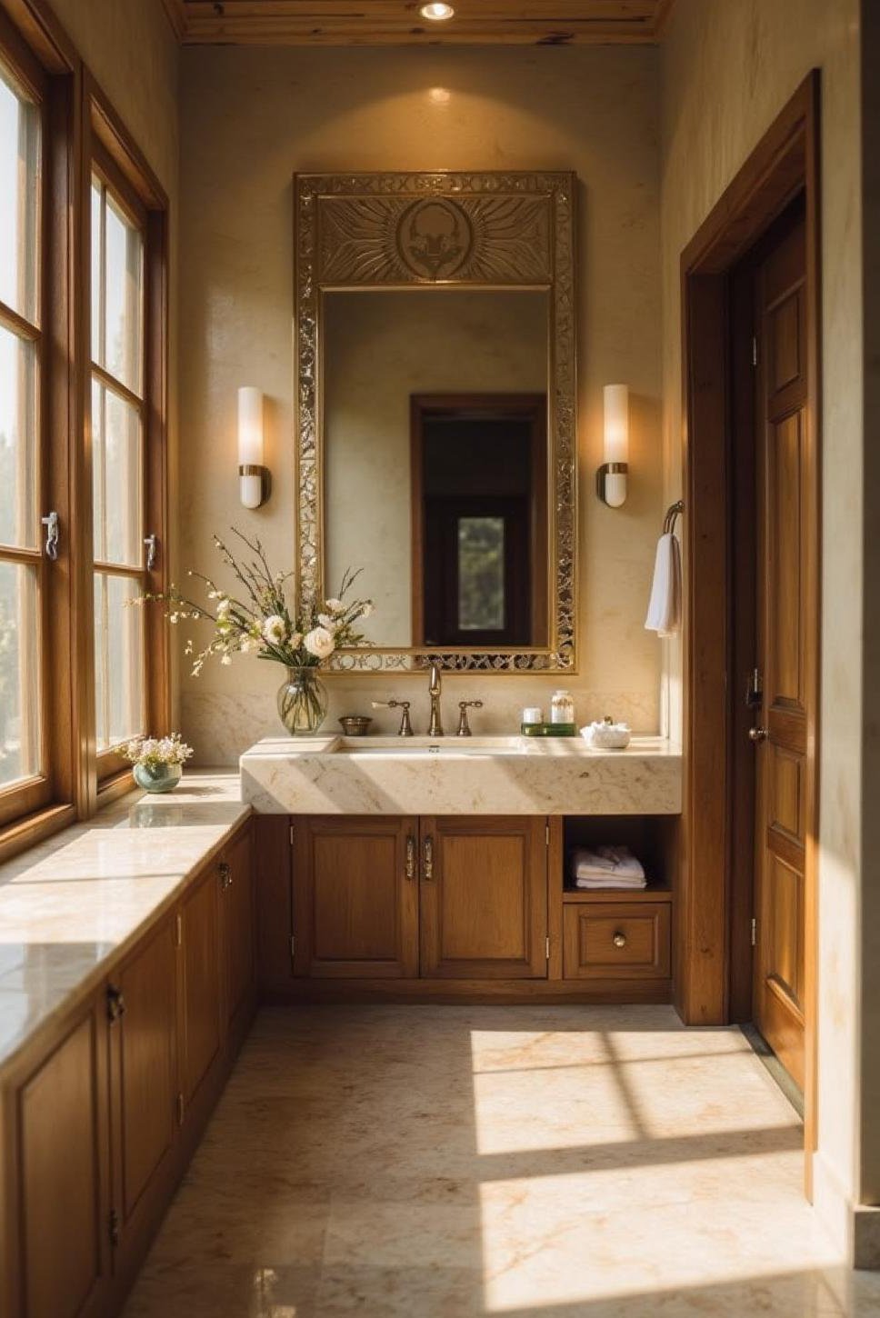 Art Deco Bathroom: Built-in Vanity & Geometric Mirror