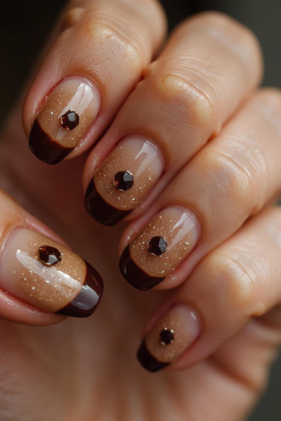 Reversed Brown French Manicure with Accent Stones