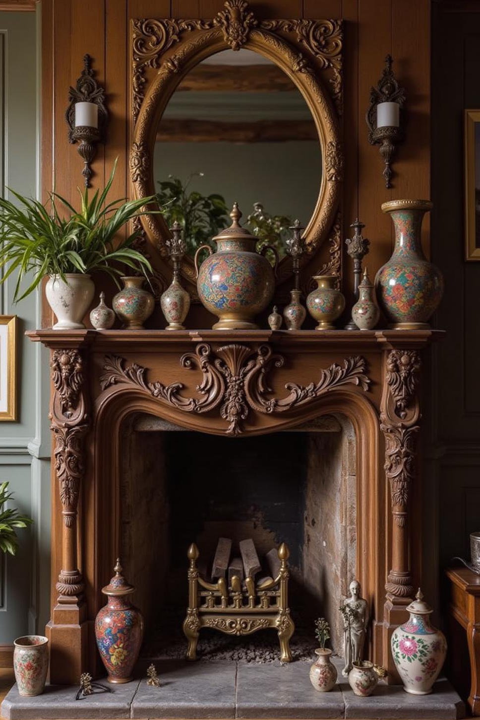 Maximalist Fireplace Mantel: Richly Layered Decor