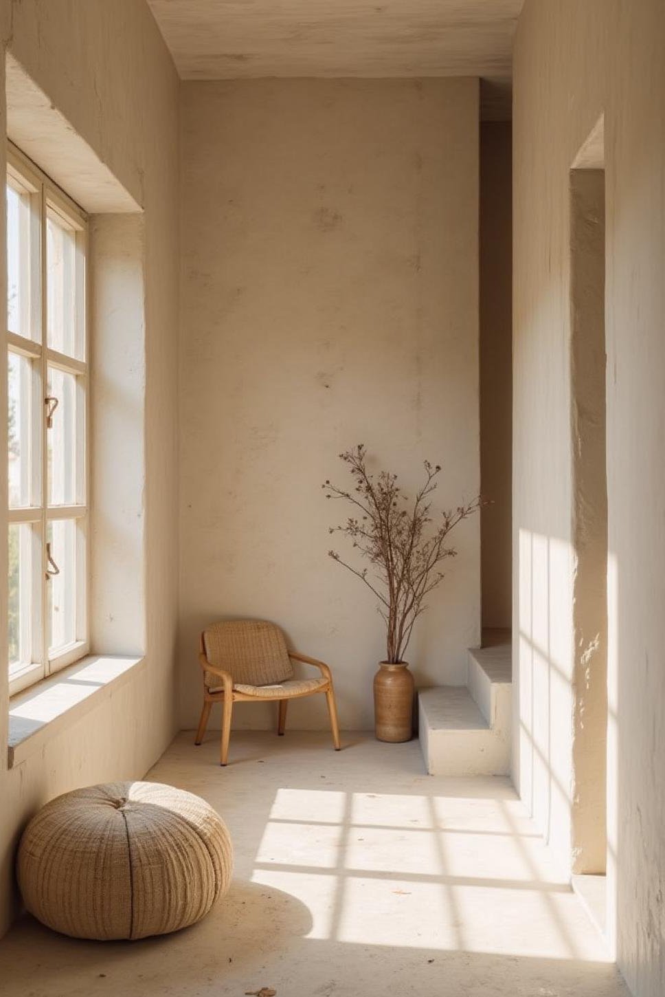 Subtle Stucco Walls: Minimalist Beige Bedroom