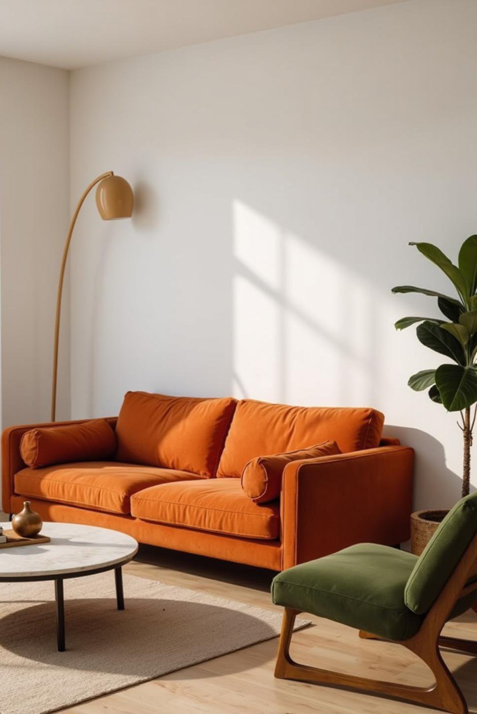 Minimalist Burnt Orange and Green Living Room