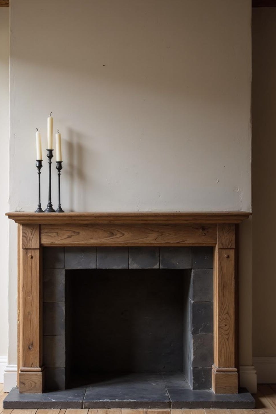 Sleek Modern Fireplace Mantel with Black Candle Holders