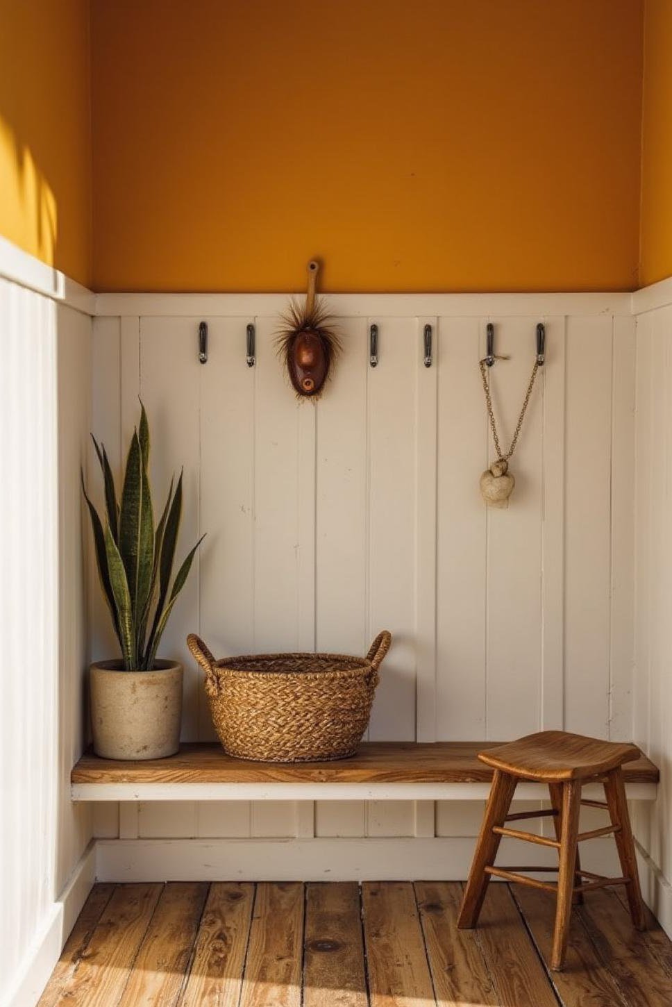 Minimalist Mudroom Design: Bright Accent Wall