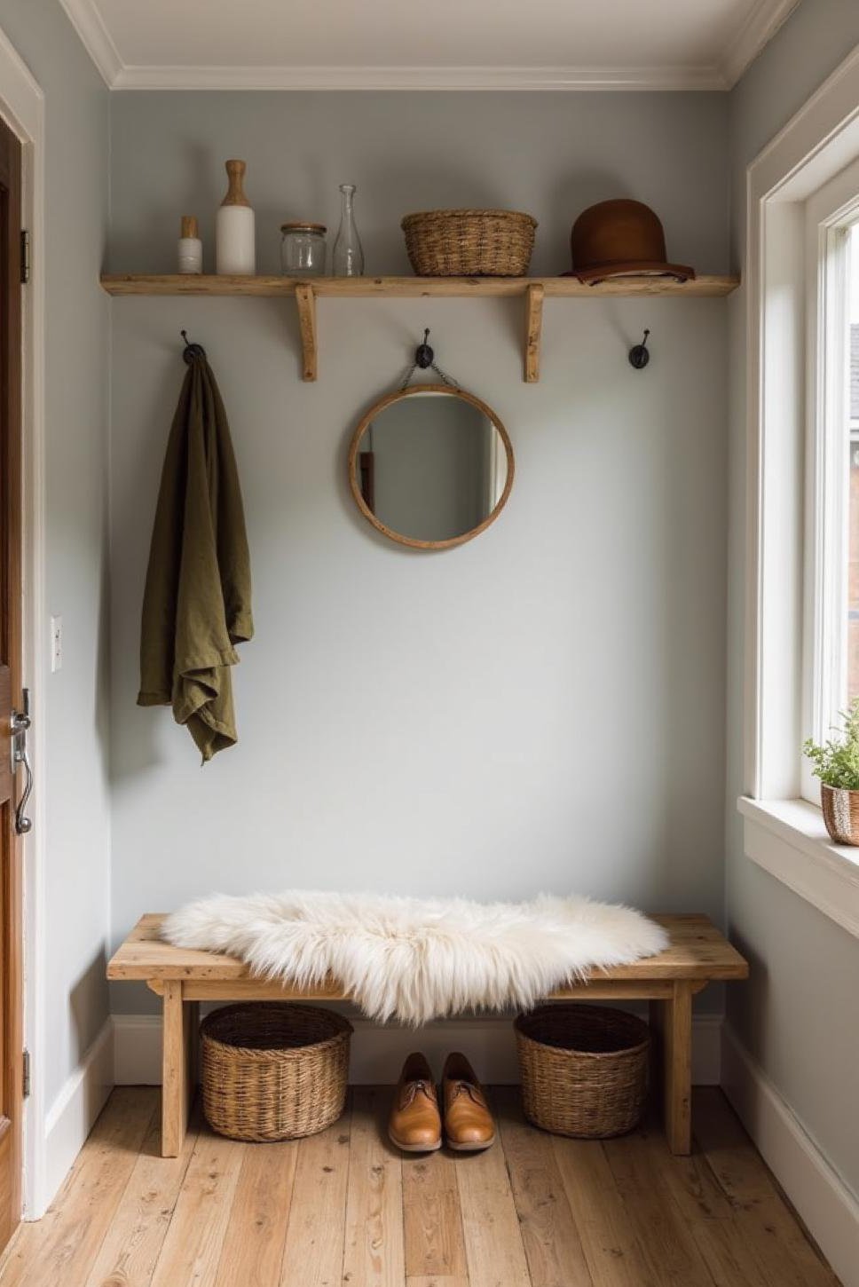 Scandinavian Minimalist Mudroom: Light Wood & Grey